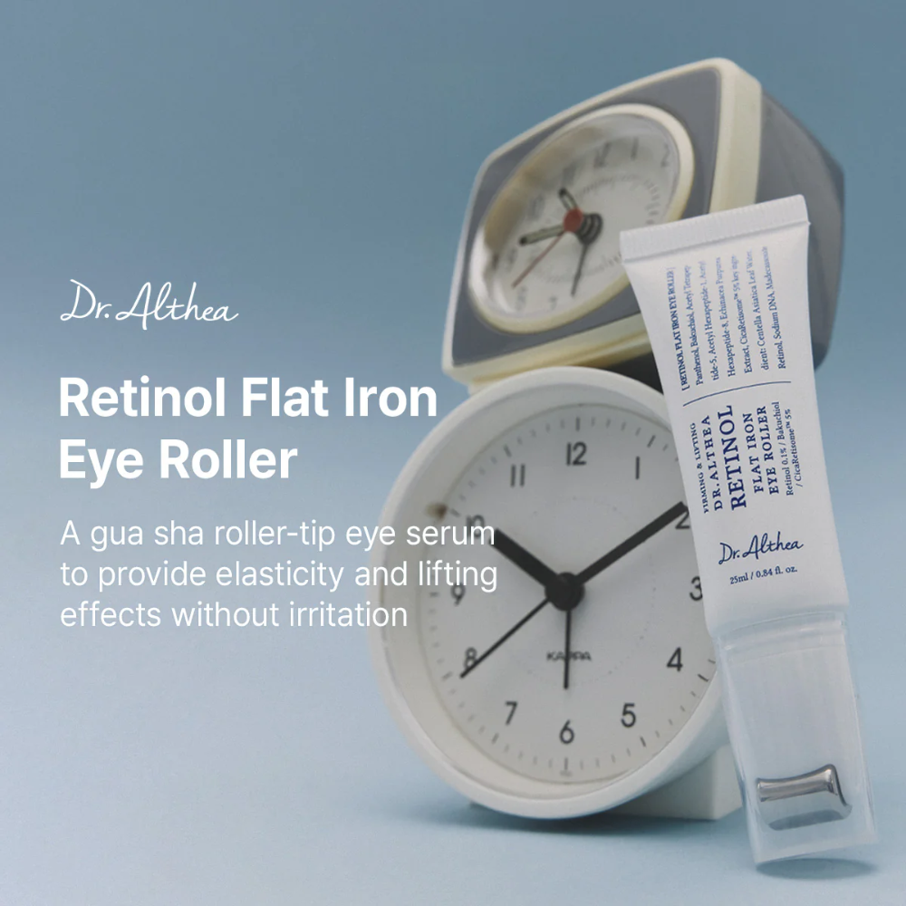Dr. Althea Retinol Flat Iron Eye Roller with two clocks on a light blue background