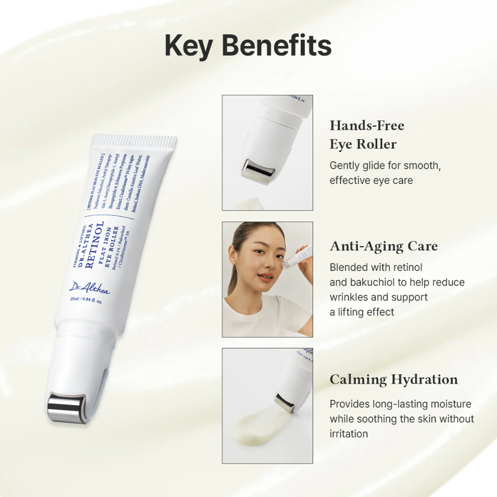 Eye cream tube with key benefits listed on a light background