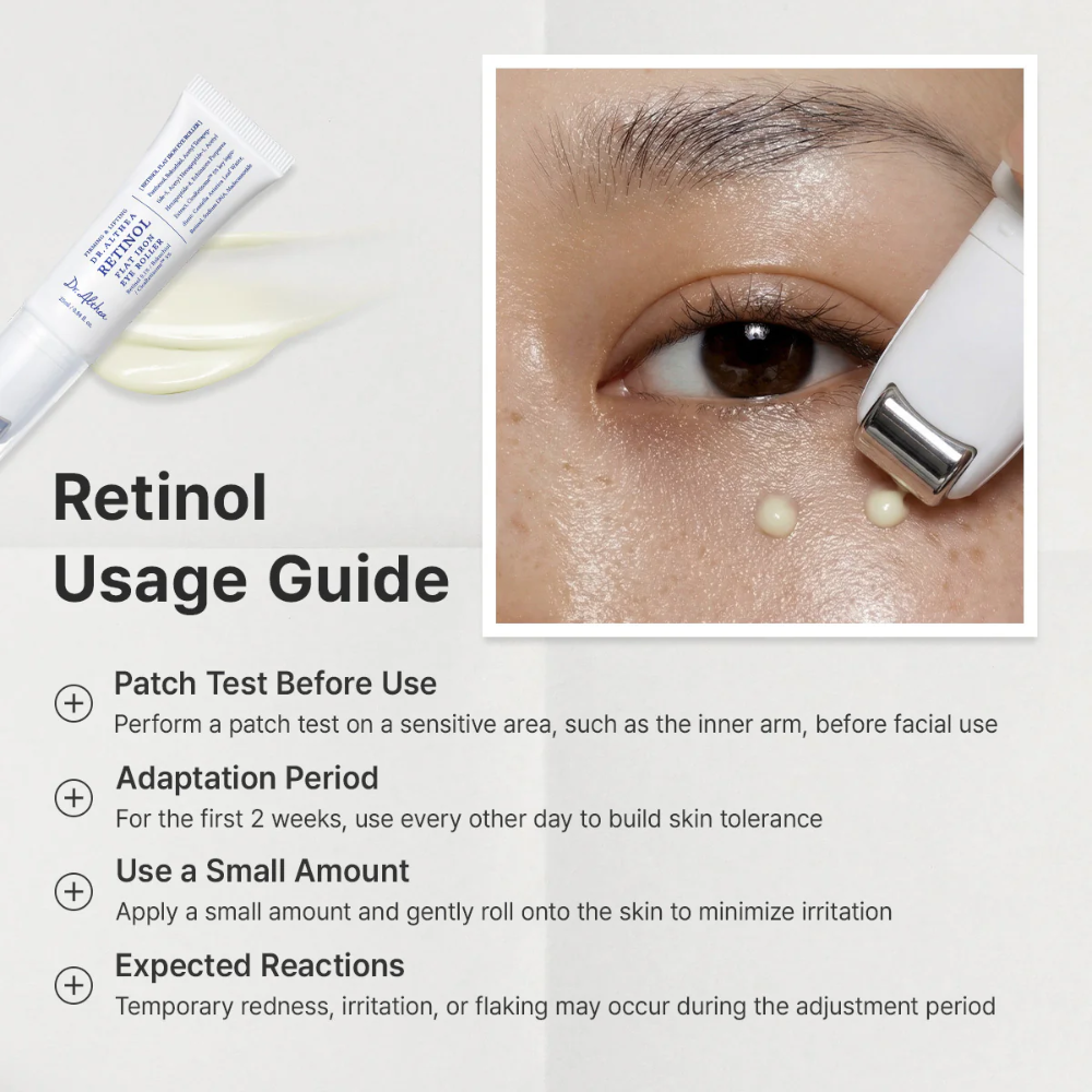 Retinol usage guide with a close-up of eye area being treated and a tube of retinol cream.