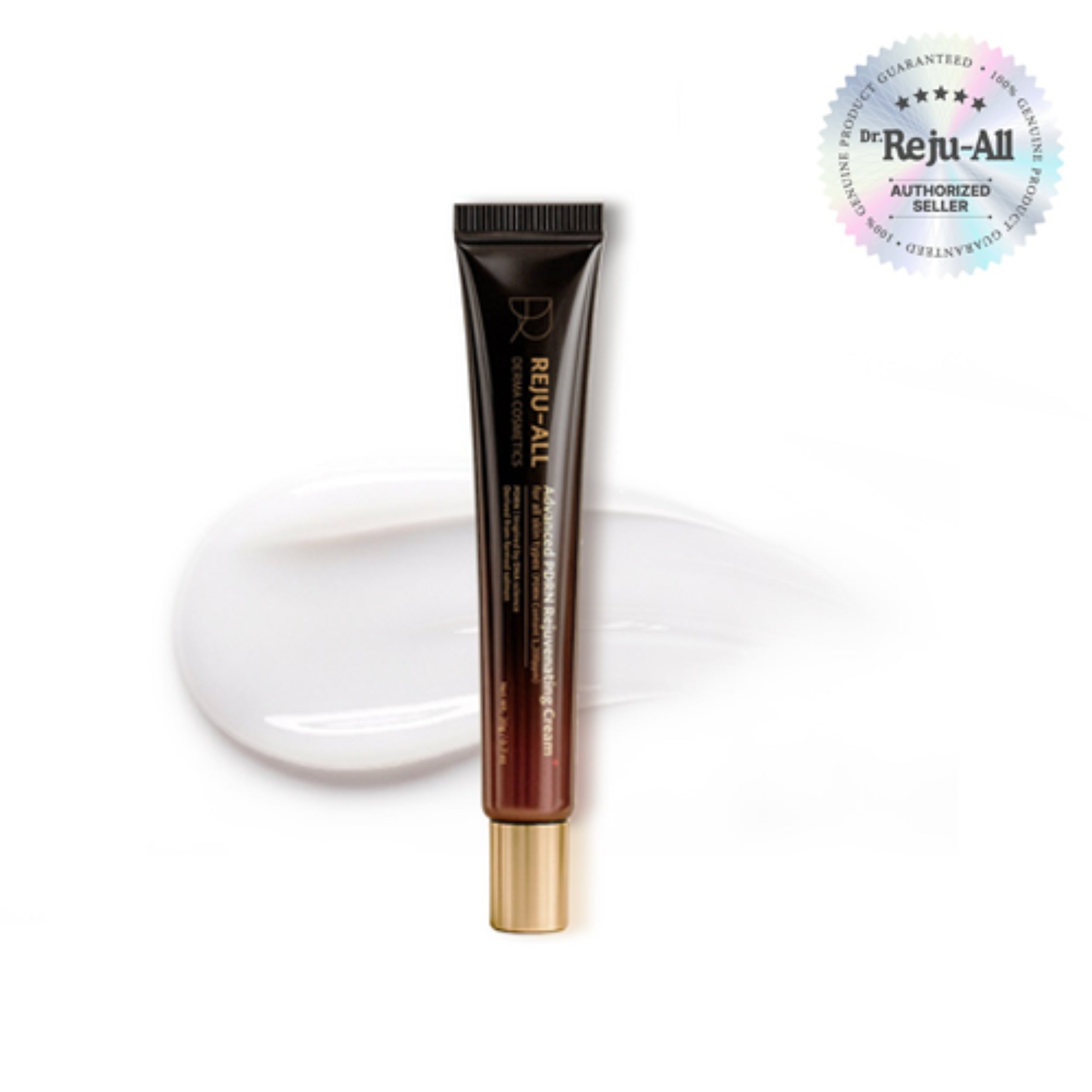 Tubular product with gold cap and black body on a white background, featuring 'Reju-All' branding.