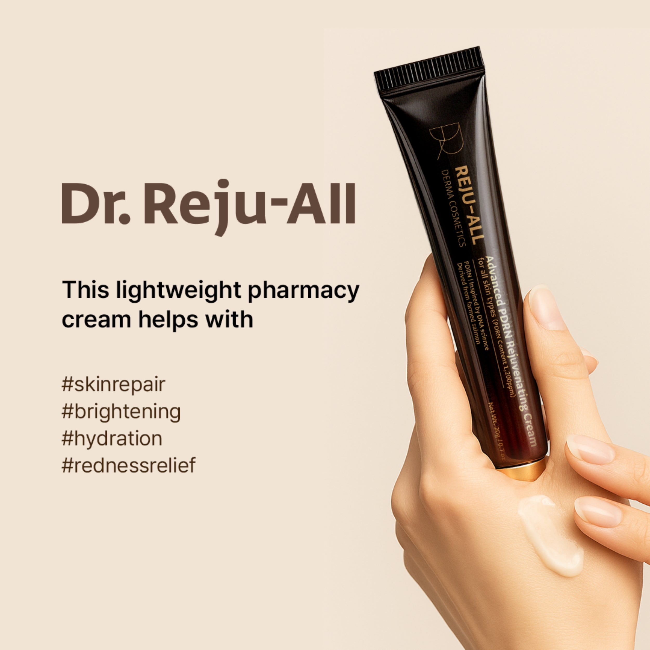 Dr. Reju-All cream tube held by a hand with product benefits listed on a beige background