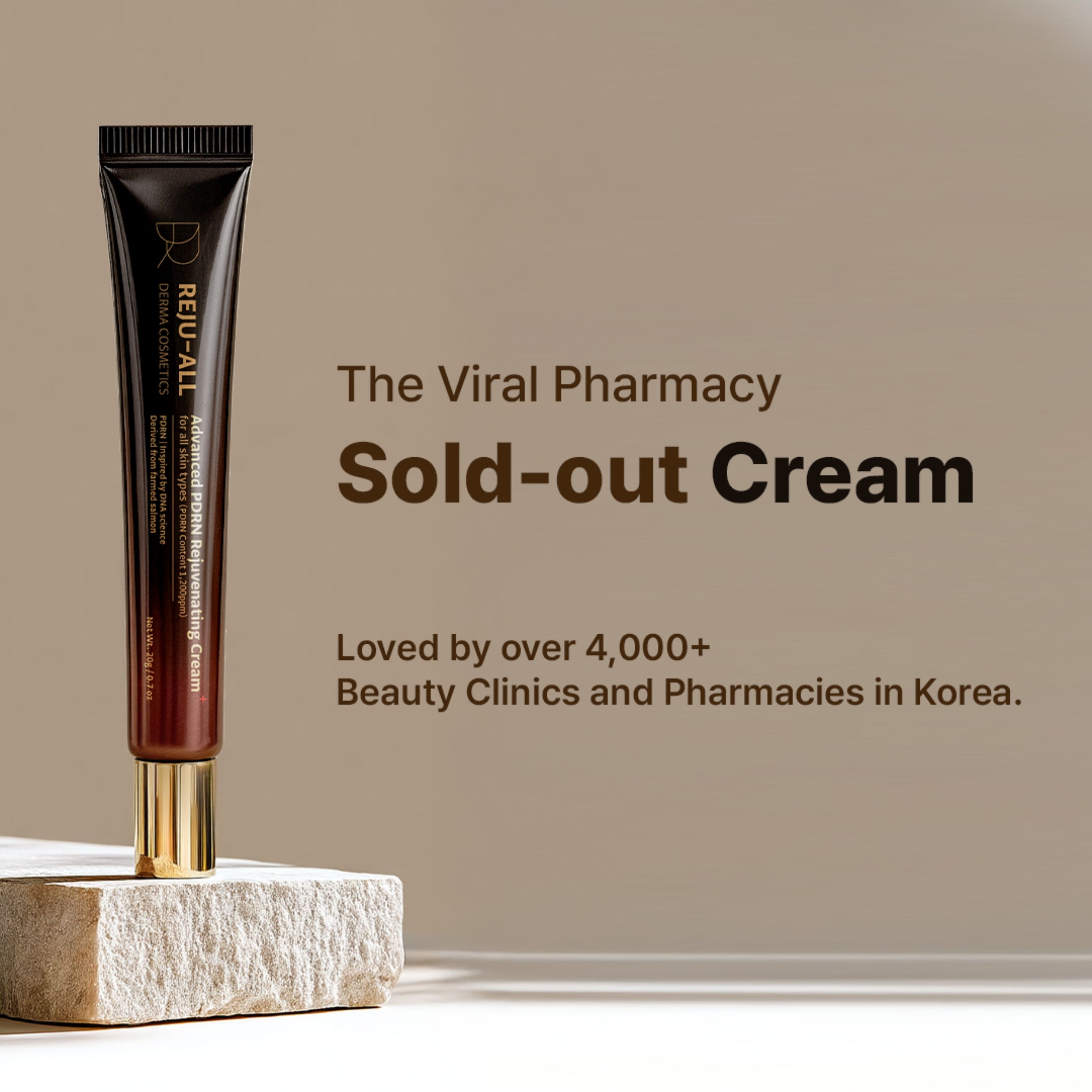 Beauty cream tube on a stone block with promotional text on a beige background