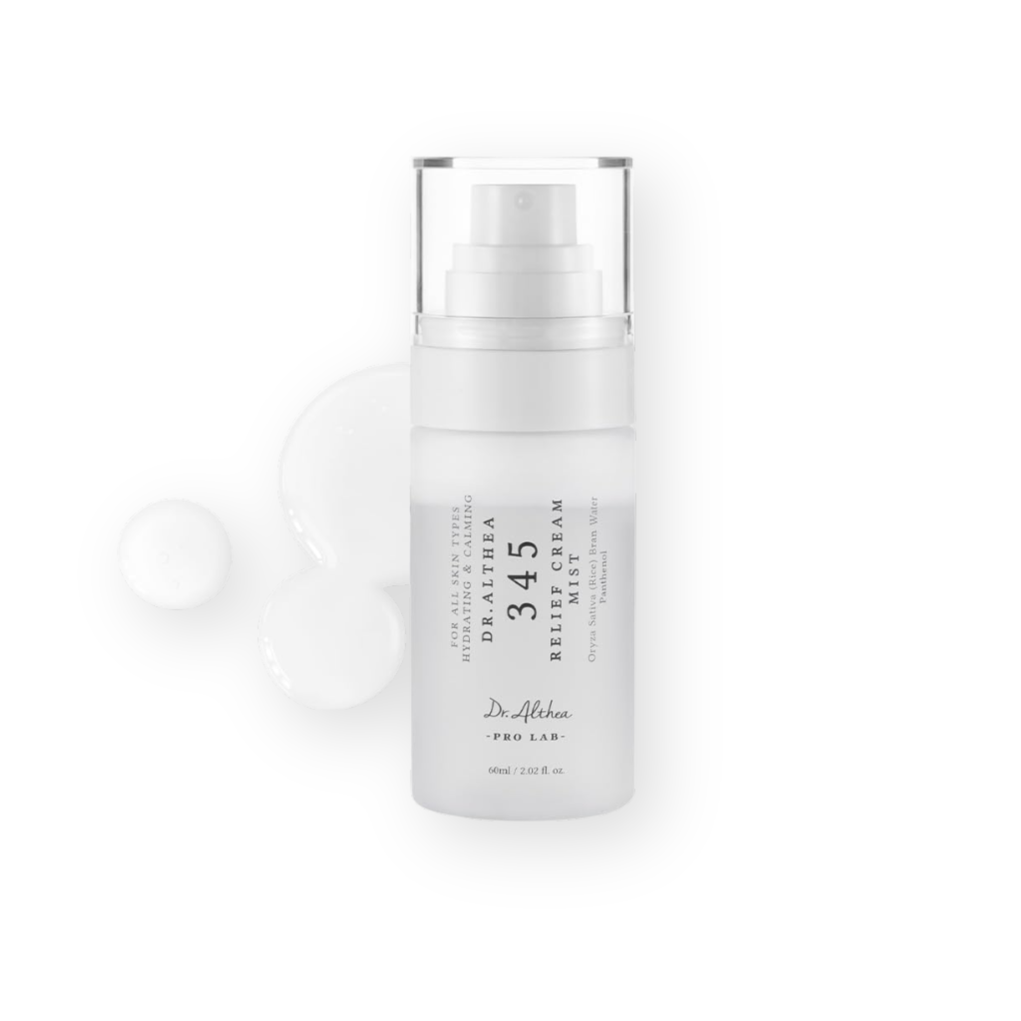 A bottle of Dr. Althea 345 relief cream mist 60 ml Skincare bottle with text on a white background