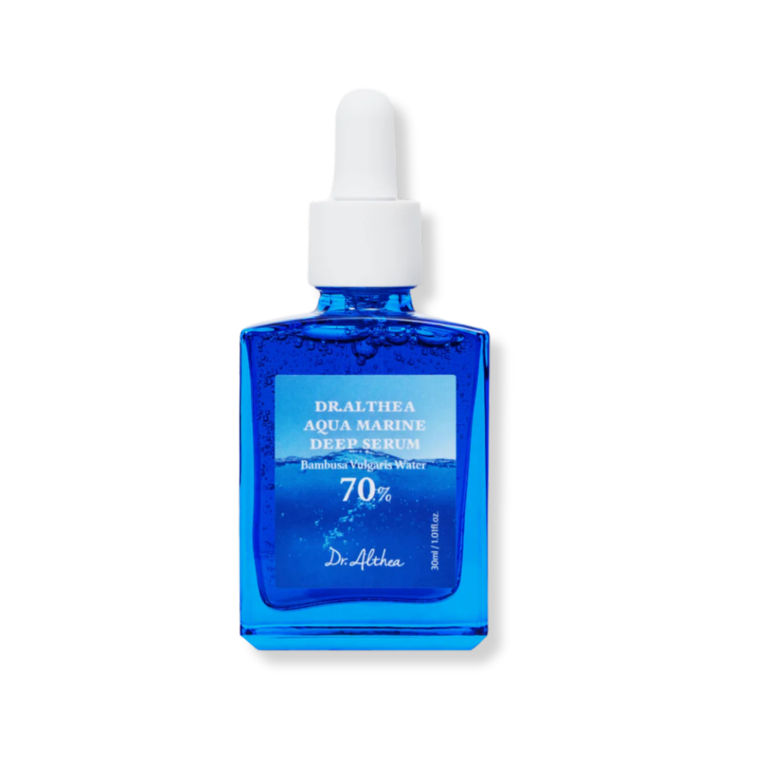 Blue serum bottle with dropper on a white background