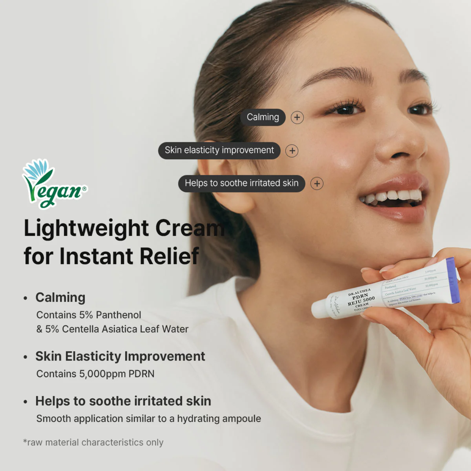 Woman holding a tube of lightweight cream with product features listed on a white background