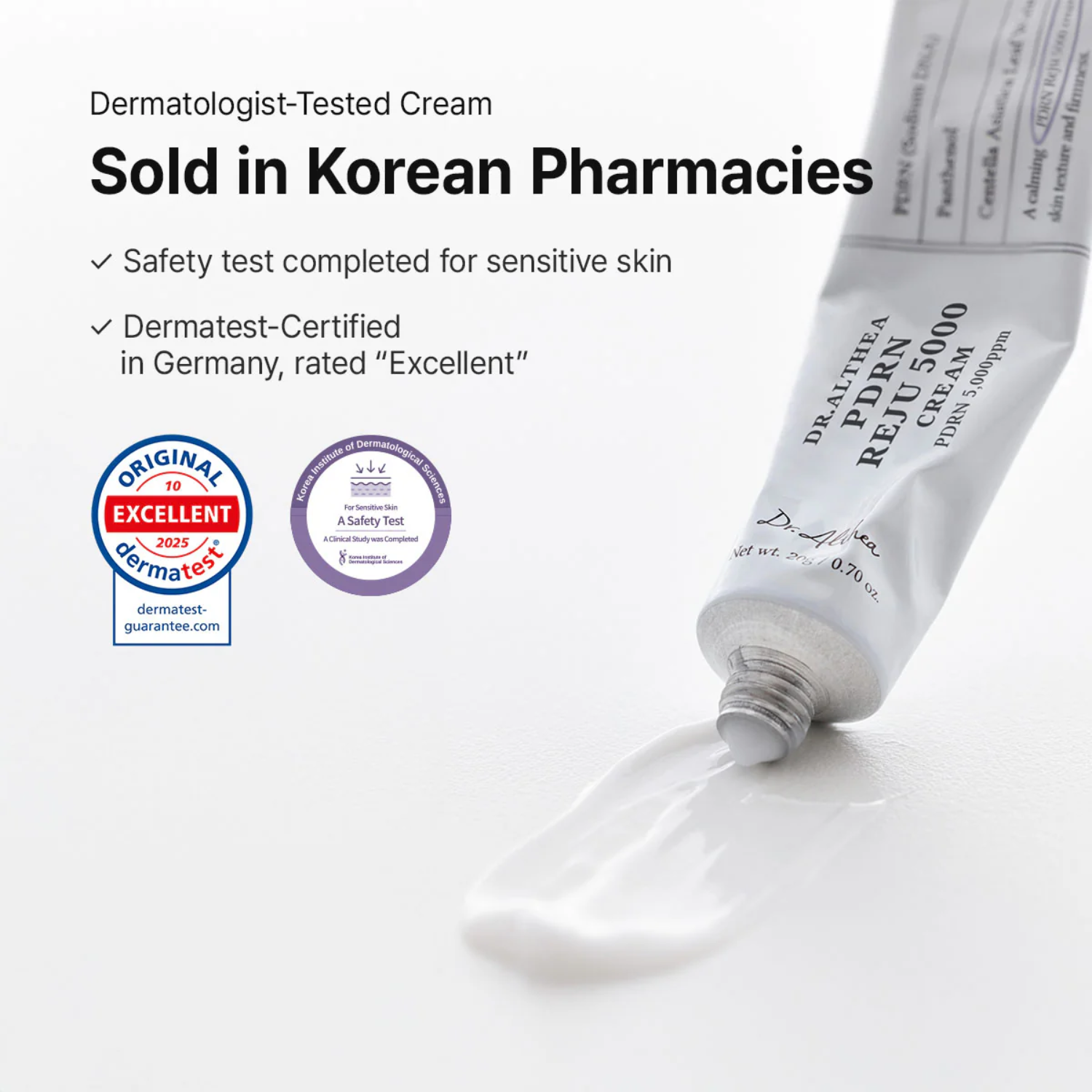 Tube of Dermatologist-Tested Cream with Certifications on a White Background