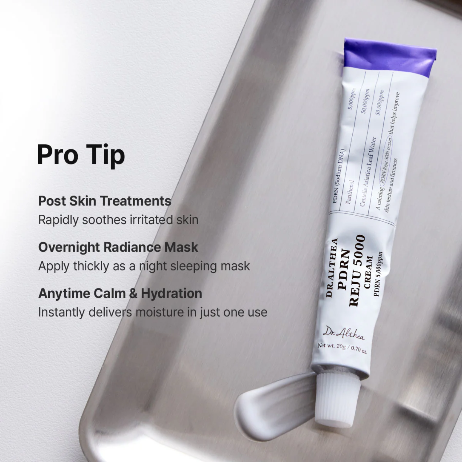 Tube of Dr. Althea cream on a metallic tray with text about skincare benefits.