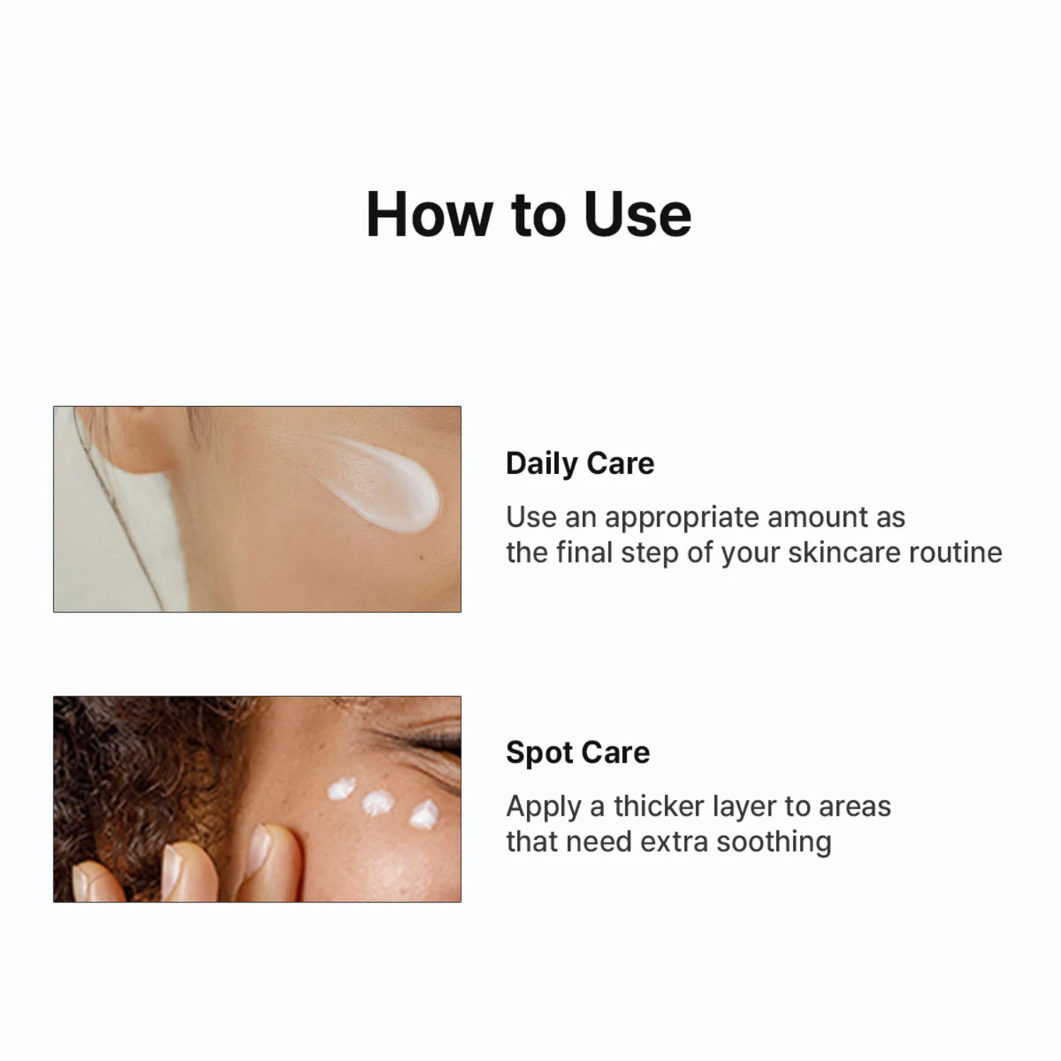 Instructions on how to use a skincare product with text and images of application on skin.