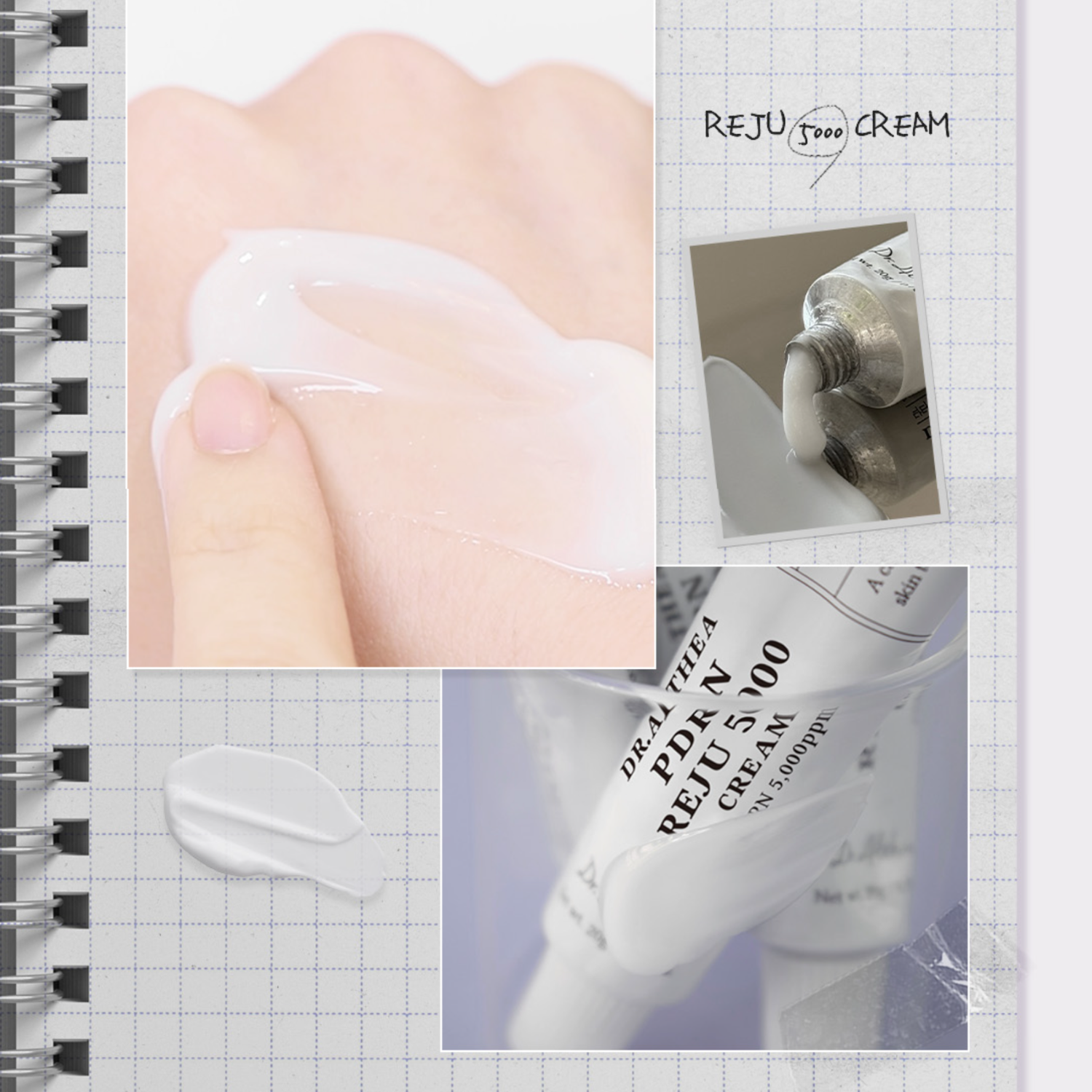 Collage of a cream bottle labeled 'REJU 5000 CREAM' with close-up shots of skin and product application.
