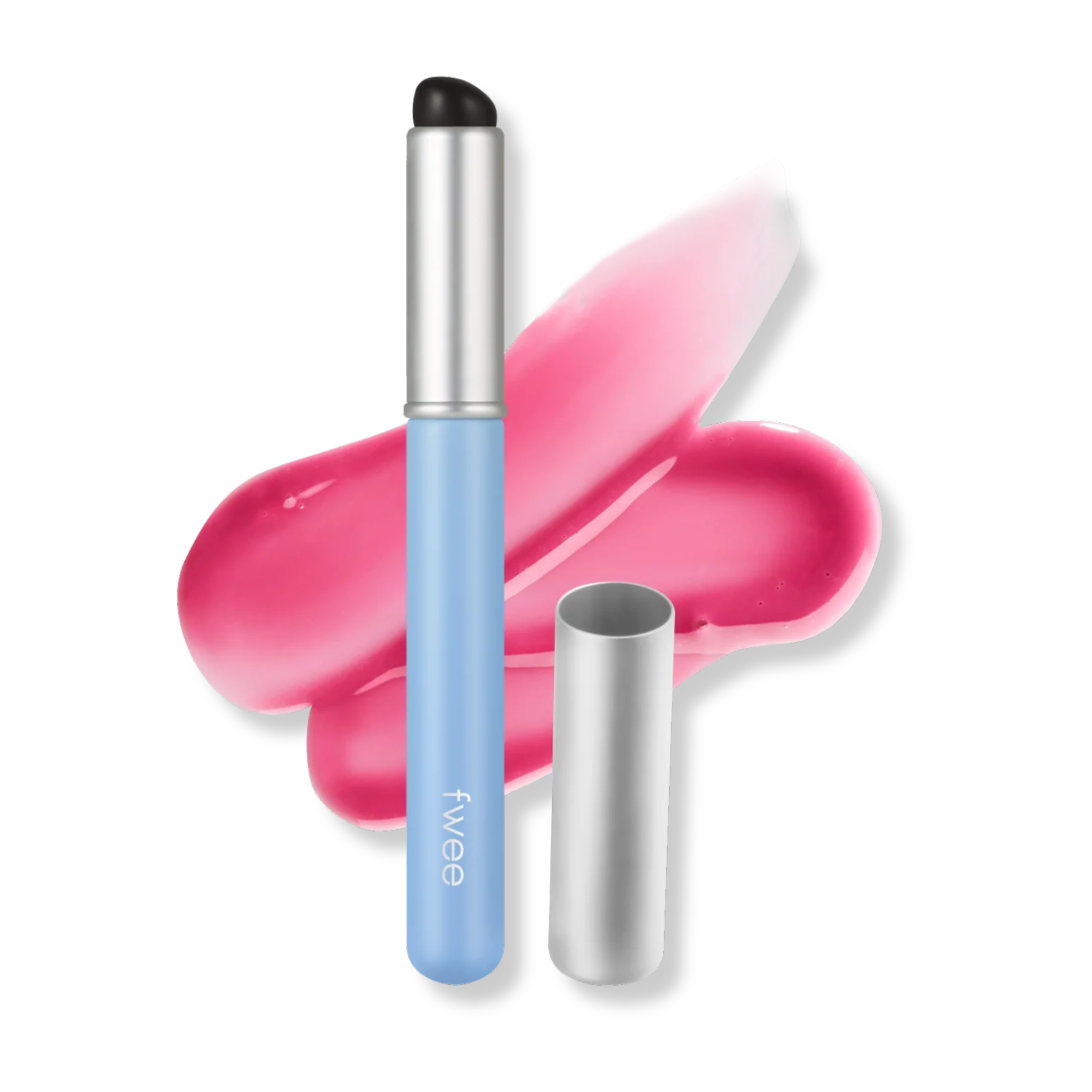Blue lip gloss with silver cap on a white background