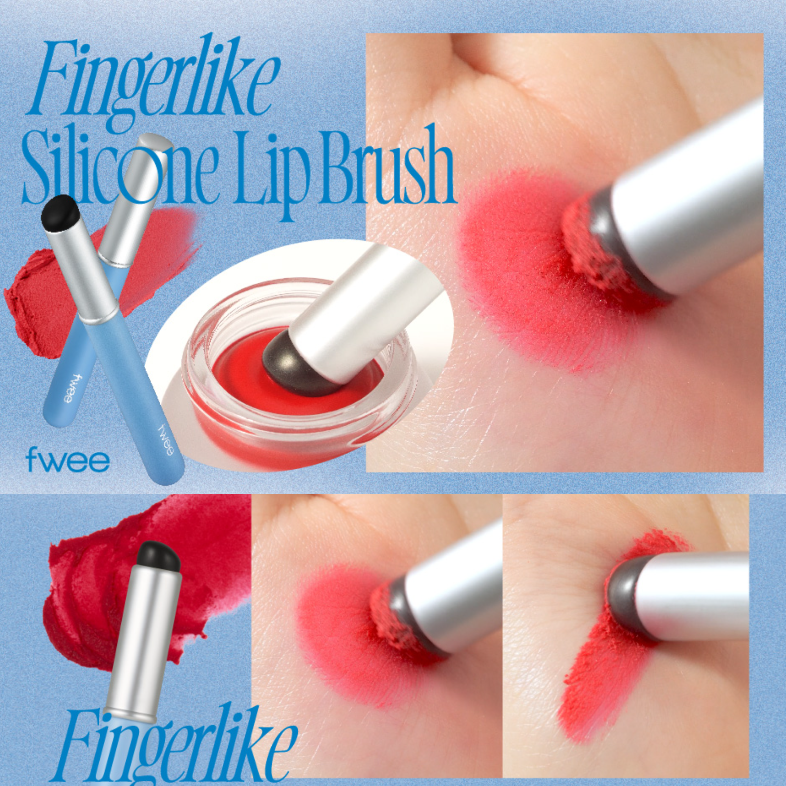 Fingerlike silicone lip brush with close-up shots of use on a blue background