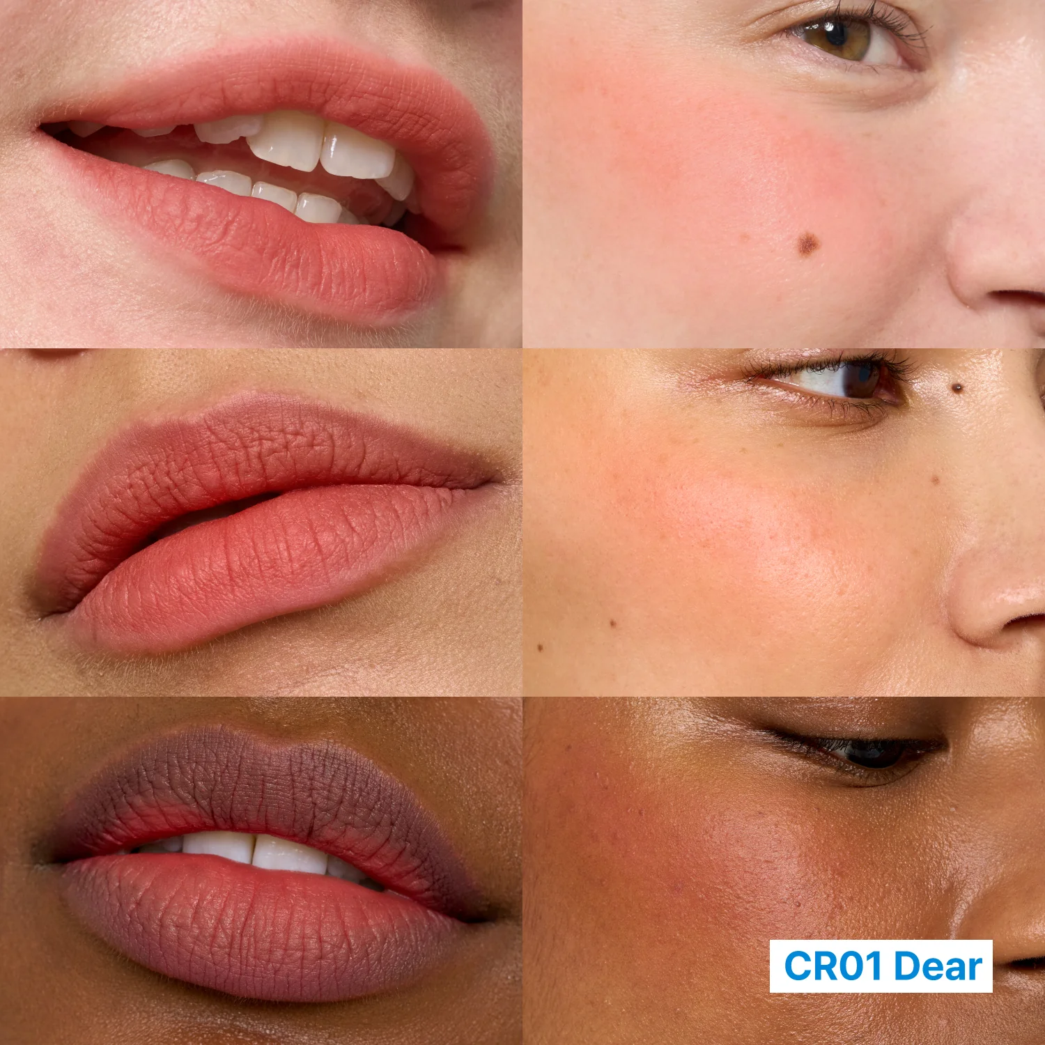 Collage of close-up shots of lips and skin with 'CR01 Dear' branding.