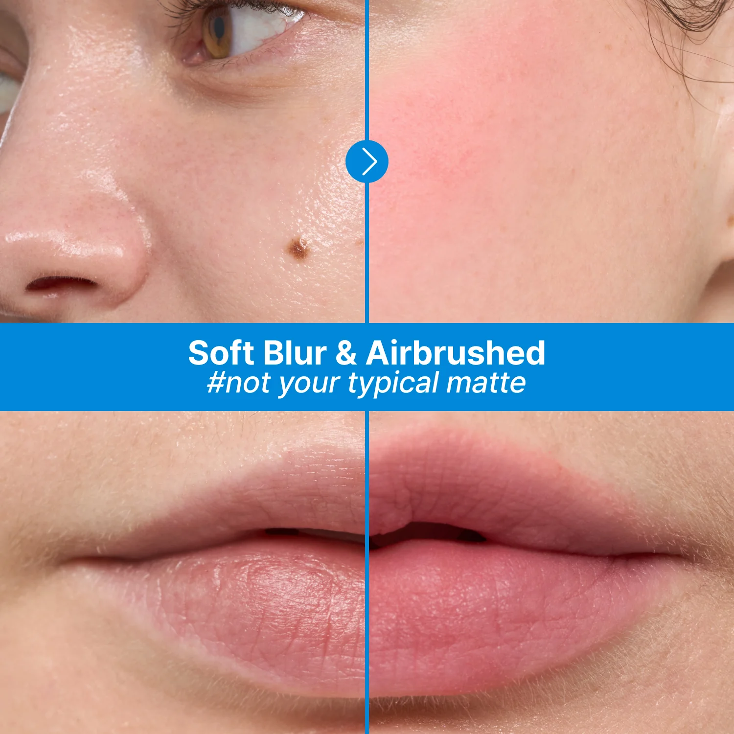 Close-up of a person's face with text overlay about soft blur and airbrushed effects.