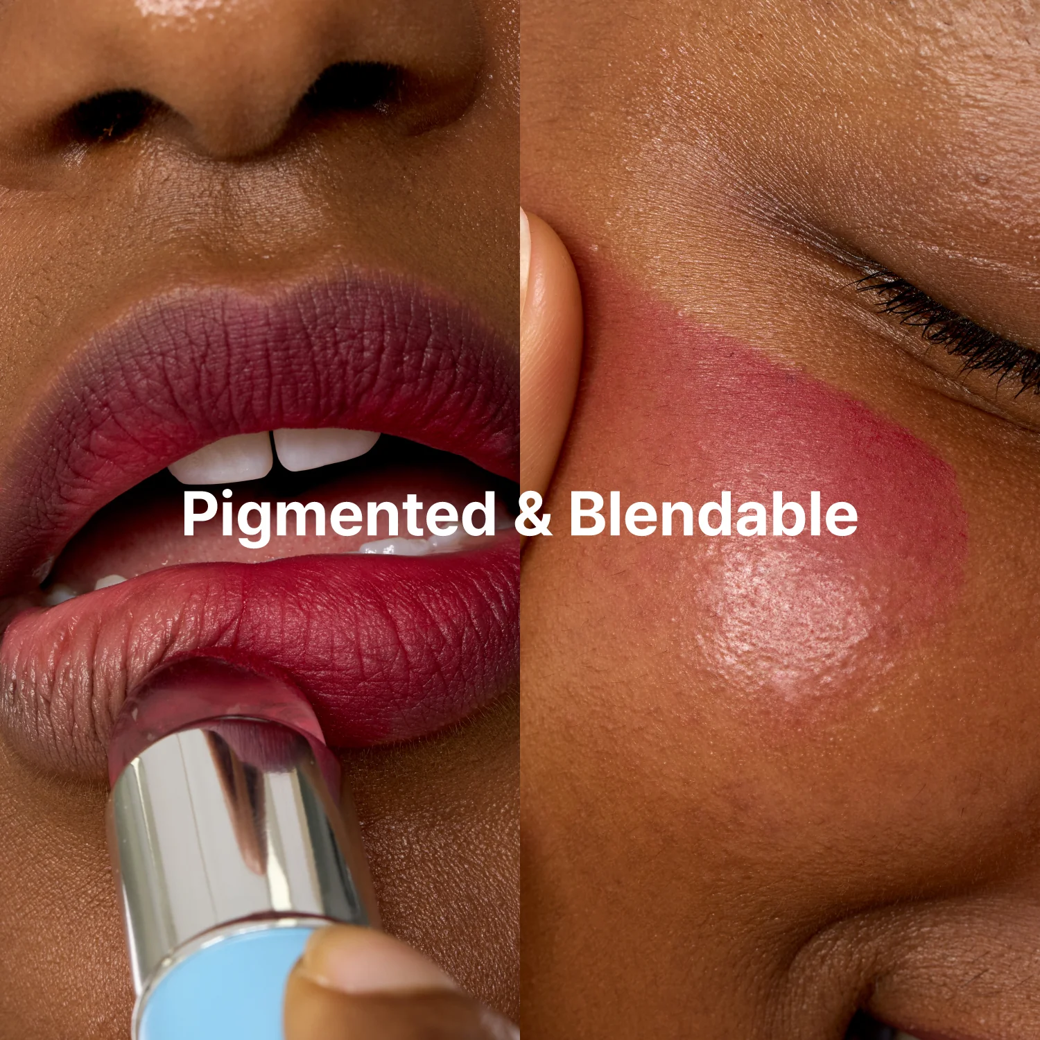 Lipstick application on a model's lips with 'Pigmented & Blendable' text.