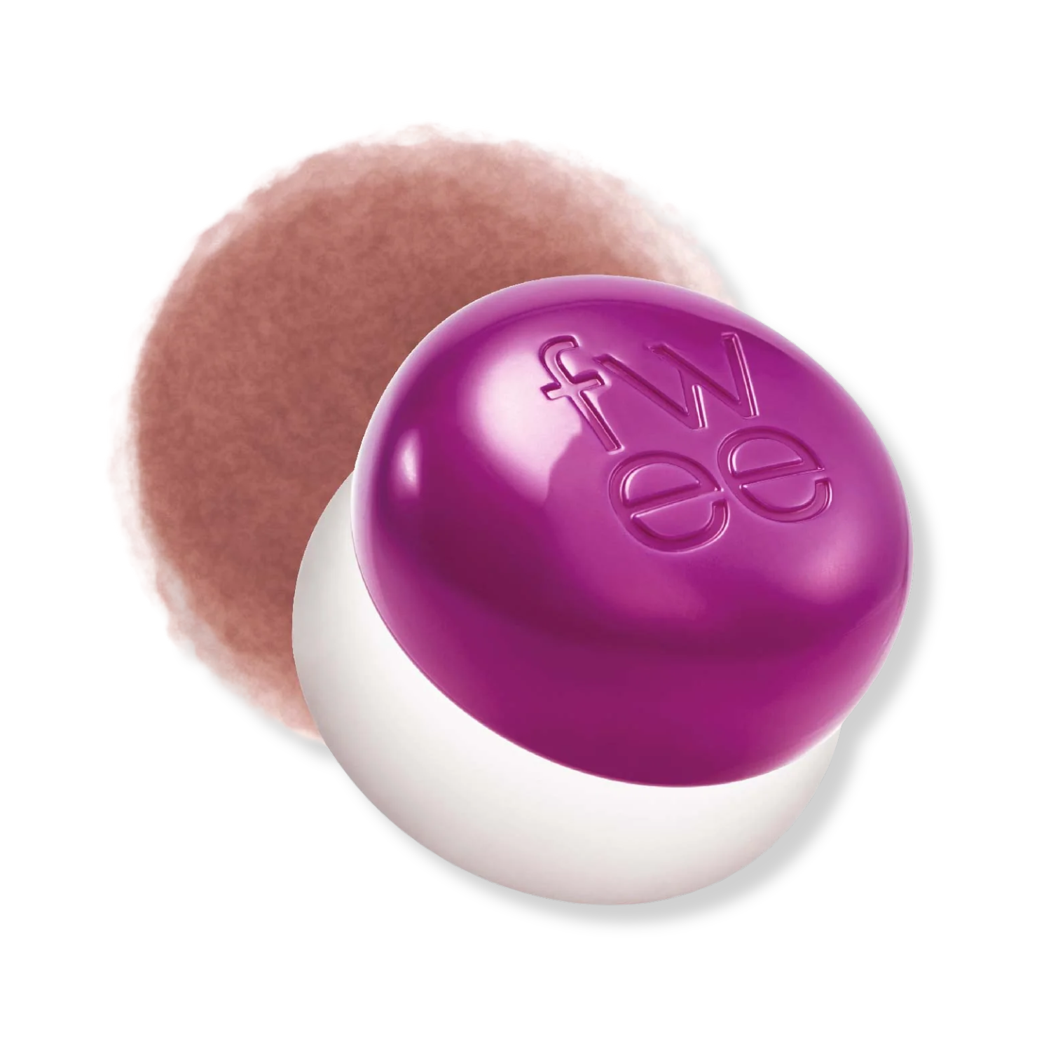 Makeup compact with pink powder and purple lid on a white background
