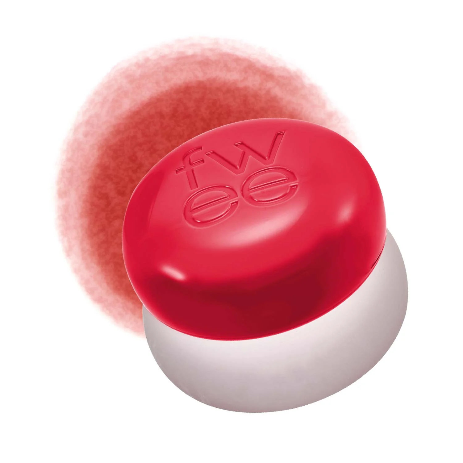 Red and white cosmetic product with a fluffy applicator on a white background