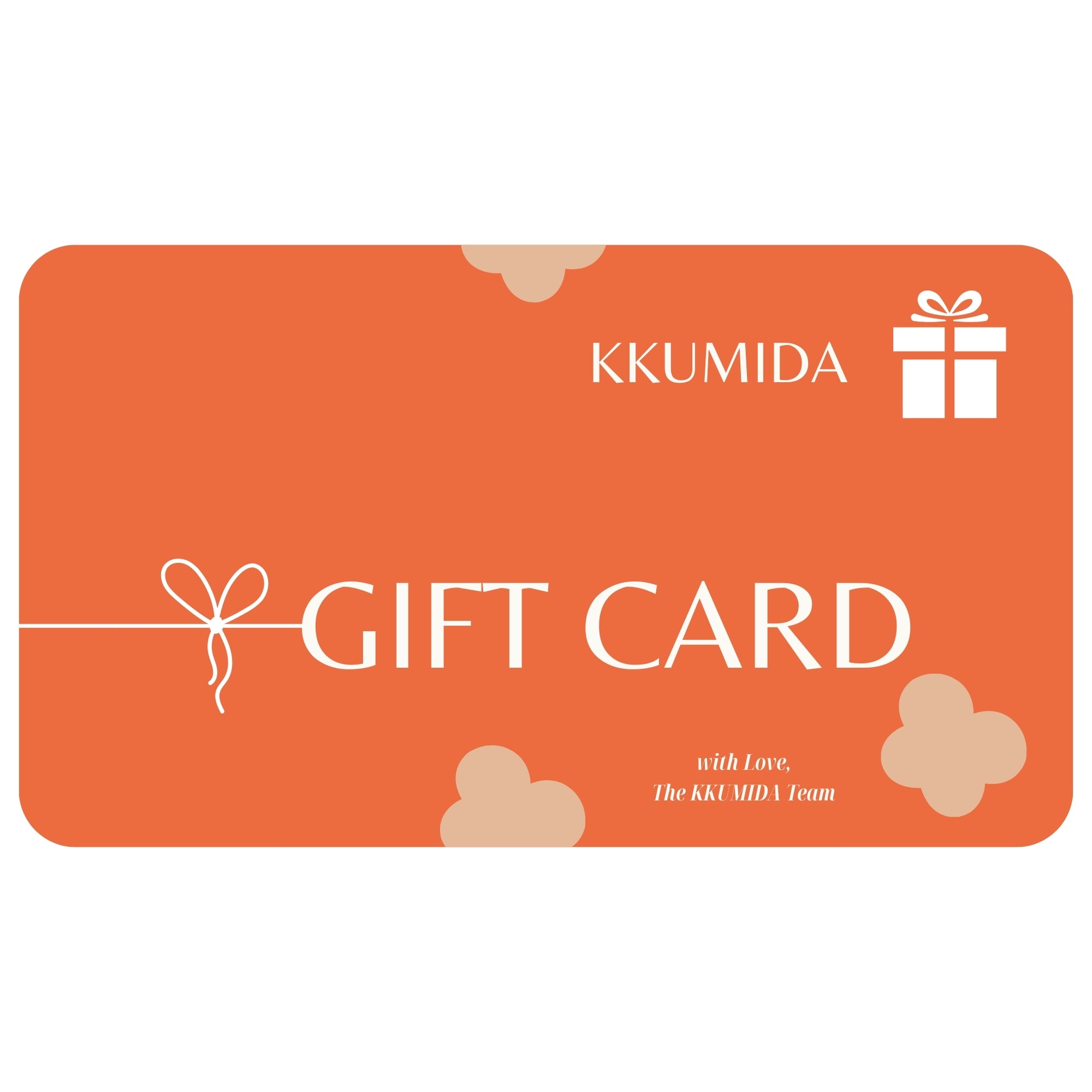 Orange gift card with KKUMIDA branding on a white background