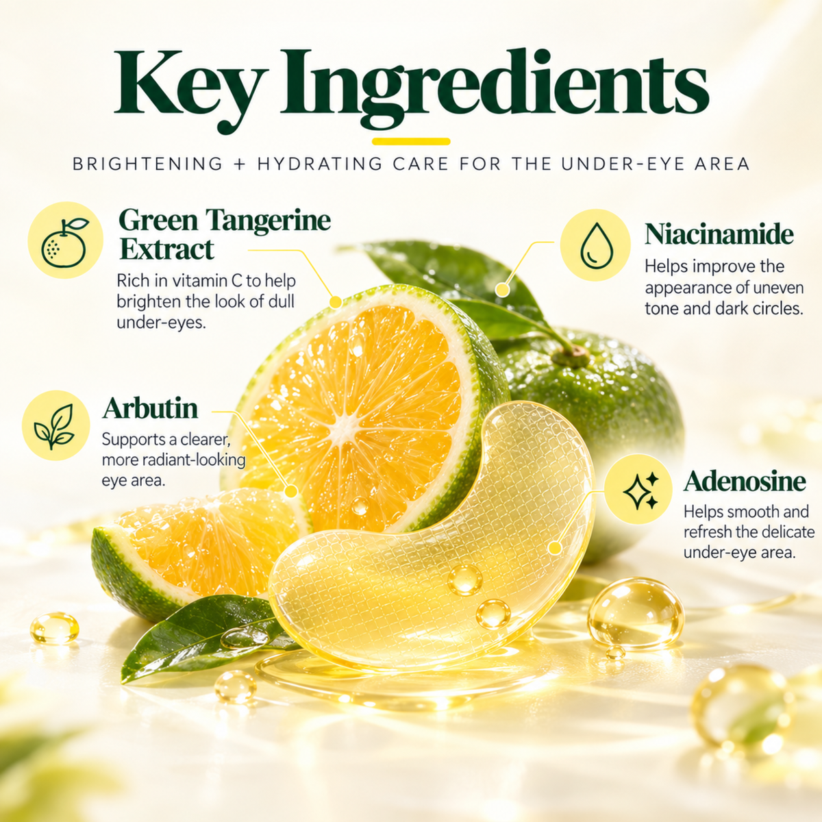 An infographic titled 'Key Ingredients' for an under-eye care product, showing green tangerine slices, a tangerine peel, and a translucent gel sheet with callouts for Green Tangerine Extract, Niacinamide, Arbutin, and Adenosine.