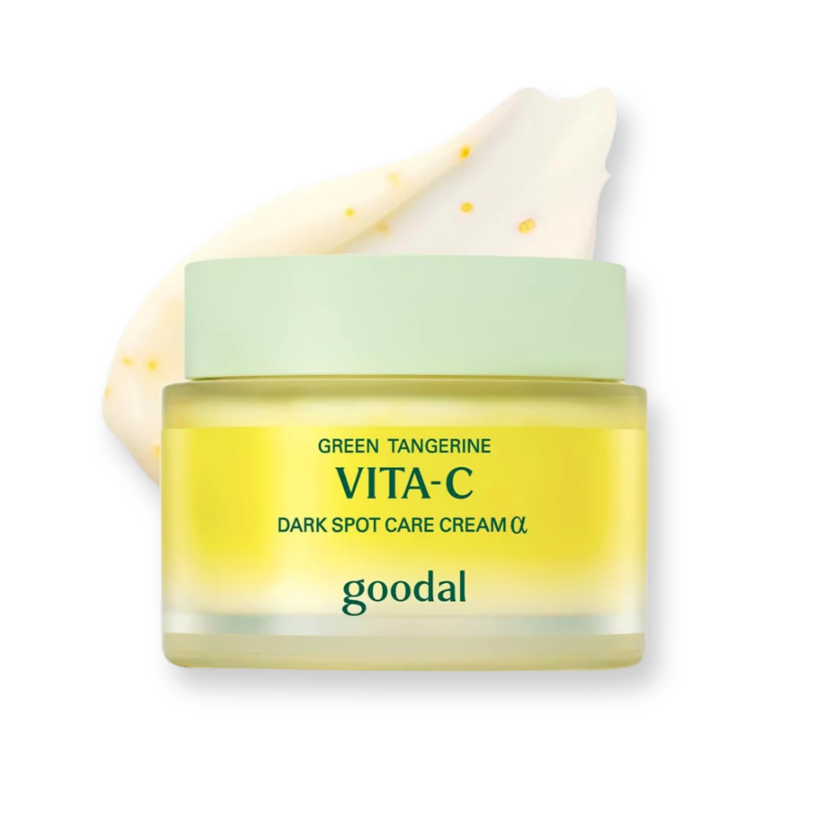 A jar of Goodal Green Tangerine Vita-C Dark Spot Care Cream with a pale green cap and yellow-green product inside, shown on a white background with a dollop of cream behind it.
