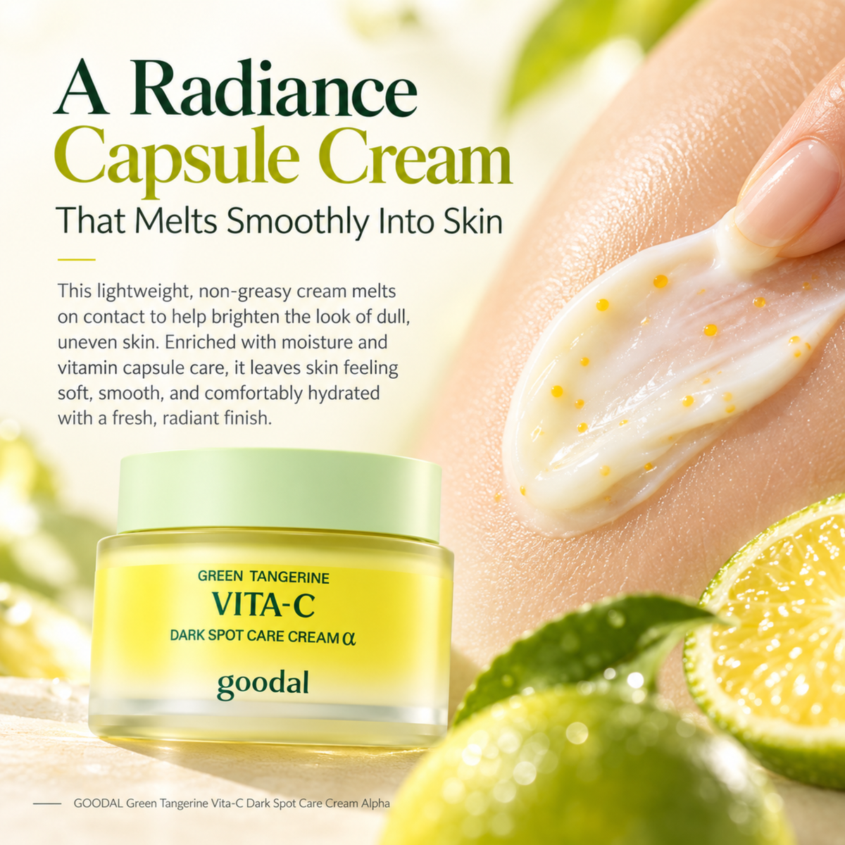 Goodal Vita-C Dark Spot Care Cream jar shown with a hand applying cream, surrounded by green tangerine slices and leaves on a bright, clean background with promotional text.