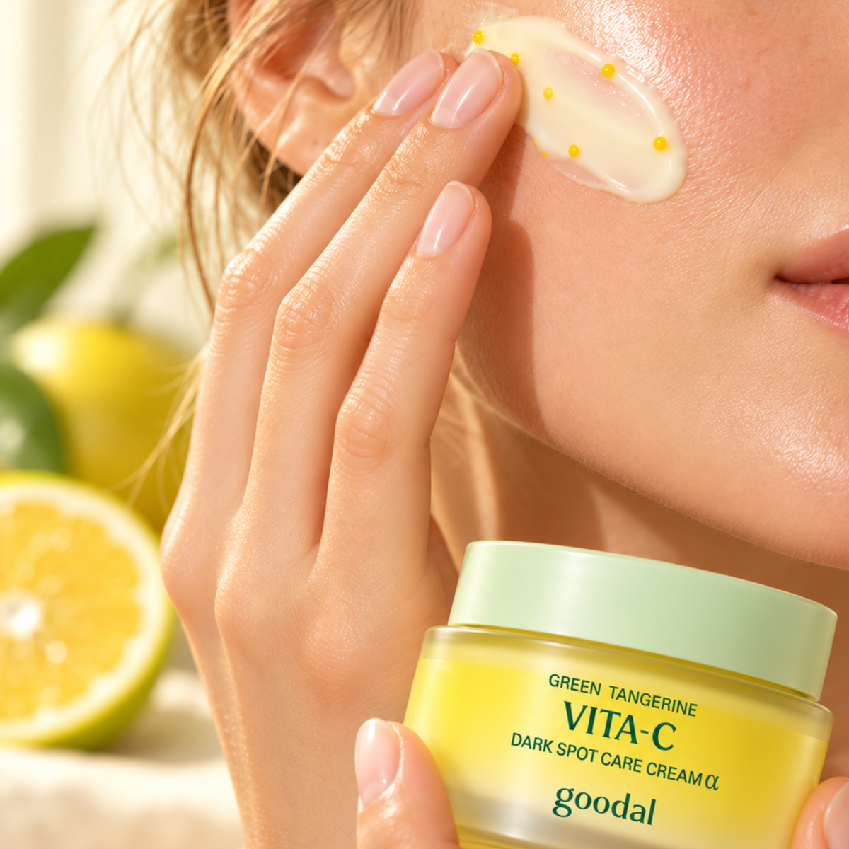 A close-up lifestyle shot of a woman applying a yellow cream spot treatment to her cheek while holding a jar of Goodal Green Tangerine Vita-C Dark Spot Care Cream. Fresh lemons are blurred in the background.