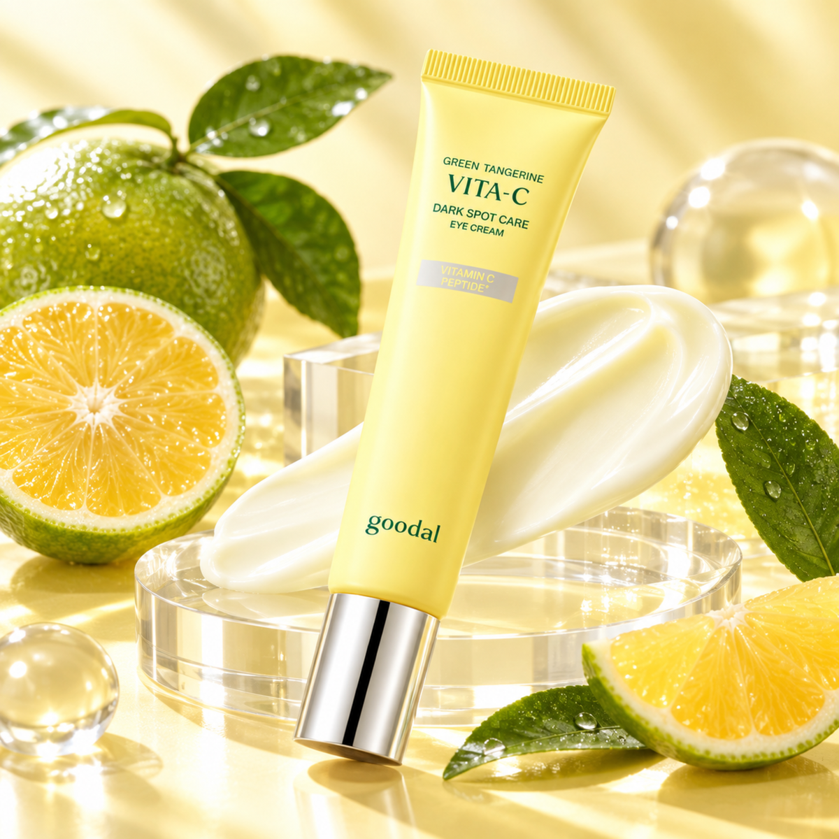 A yellow tube of goodal Green Tangerine Vita-C Dark Spot Care Eye Cream is displayed on a reflective gold surface, surrounded by fresh green tangerine slices, a whole tangerine, green leaves, and a white cream swatch.