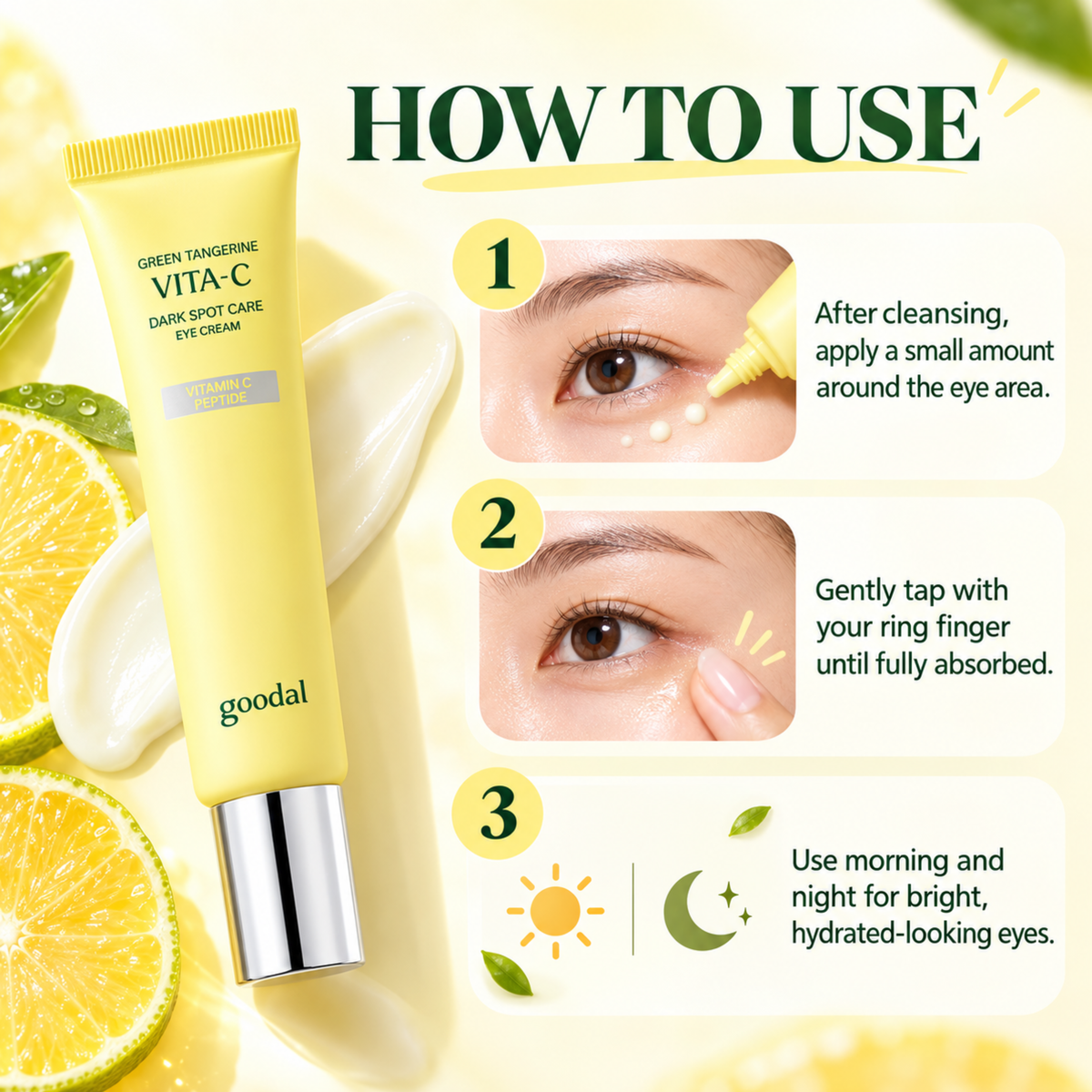 A yellow Goodal Vita-C dark spot care eye cream tube is shown on a bright, lemon-themed background with three step-by-step usage instructions next to it.