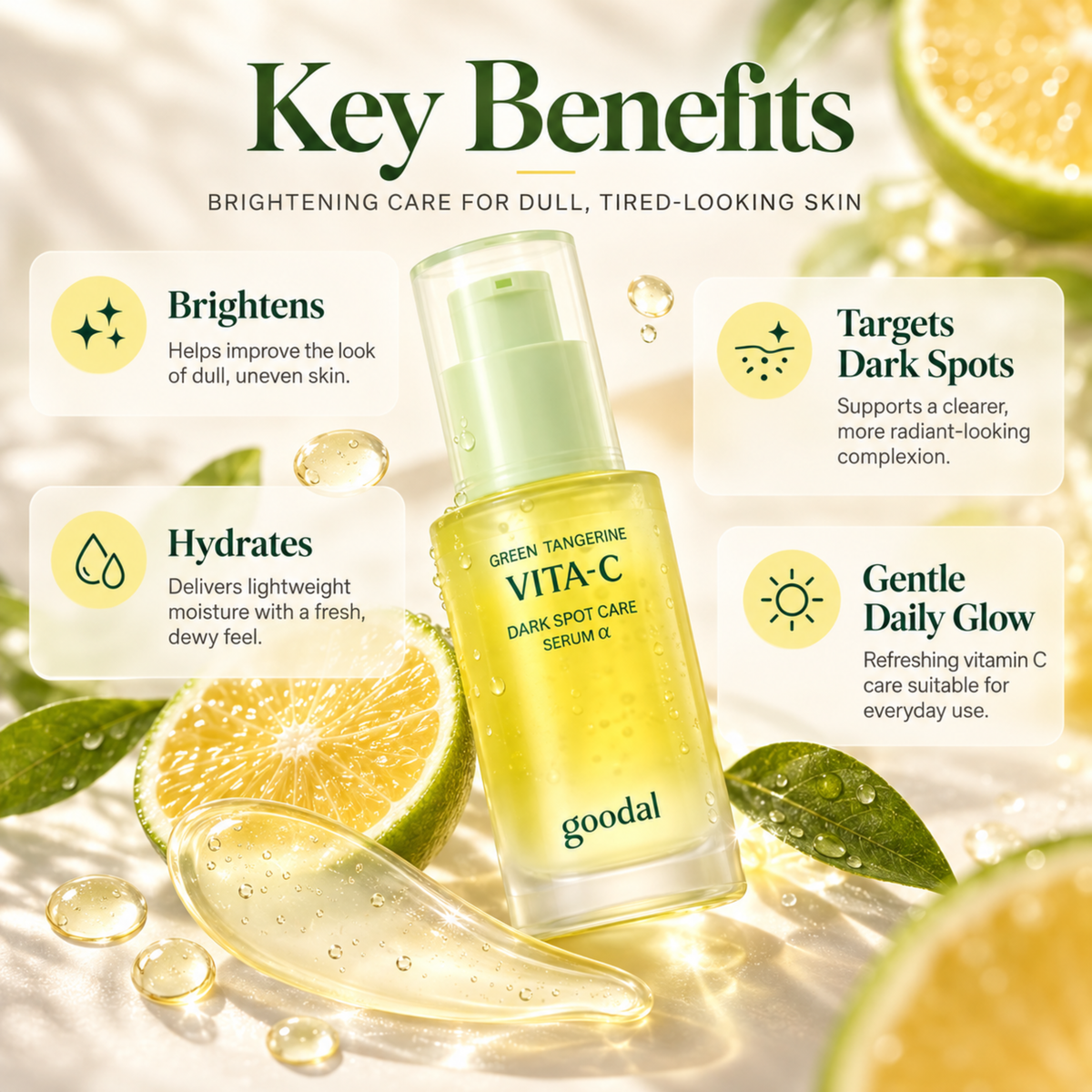 Goodal Green Tangerine Vita-C Dark Spot Care Serum bottle centered on a bright, sunlit background with sliced lime, leaves, and text callouts describing key benefits.