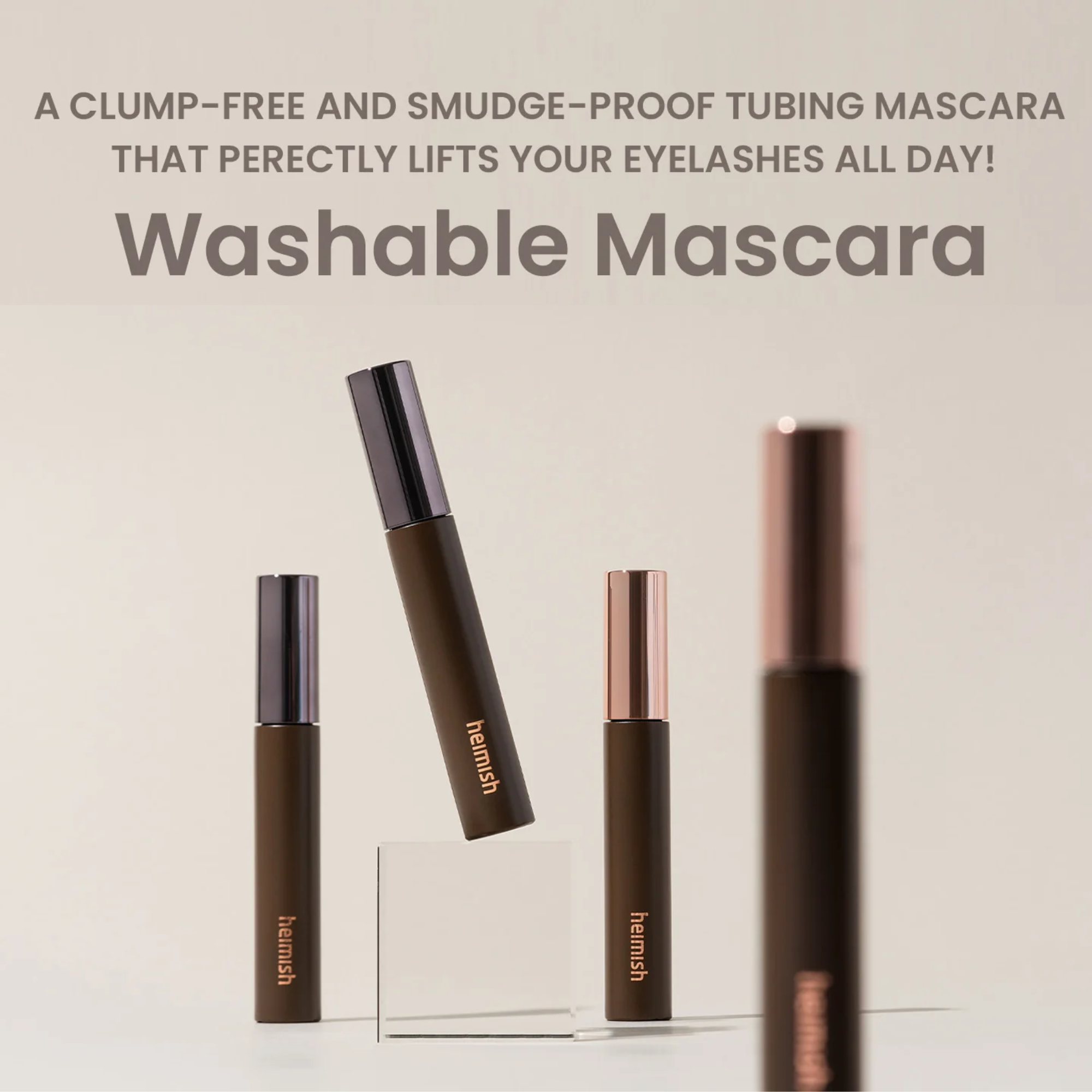 Three tubes of washable mascara from the brand hennadi, displayed on a clean light beige background with promotional text at the top.