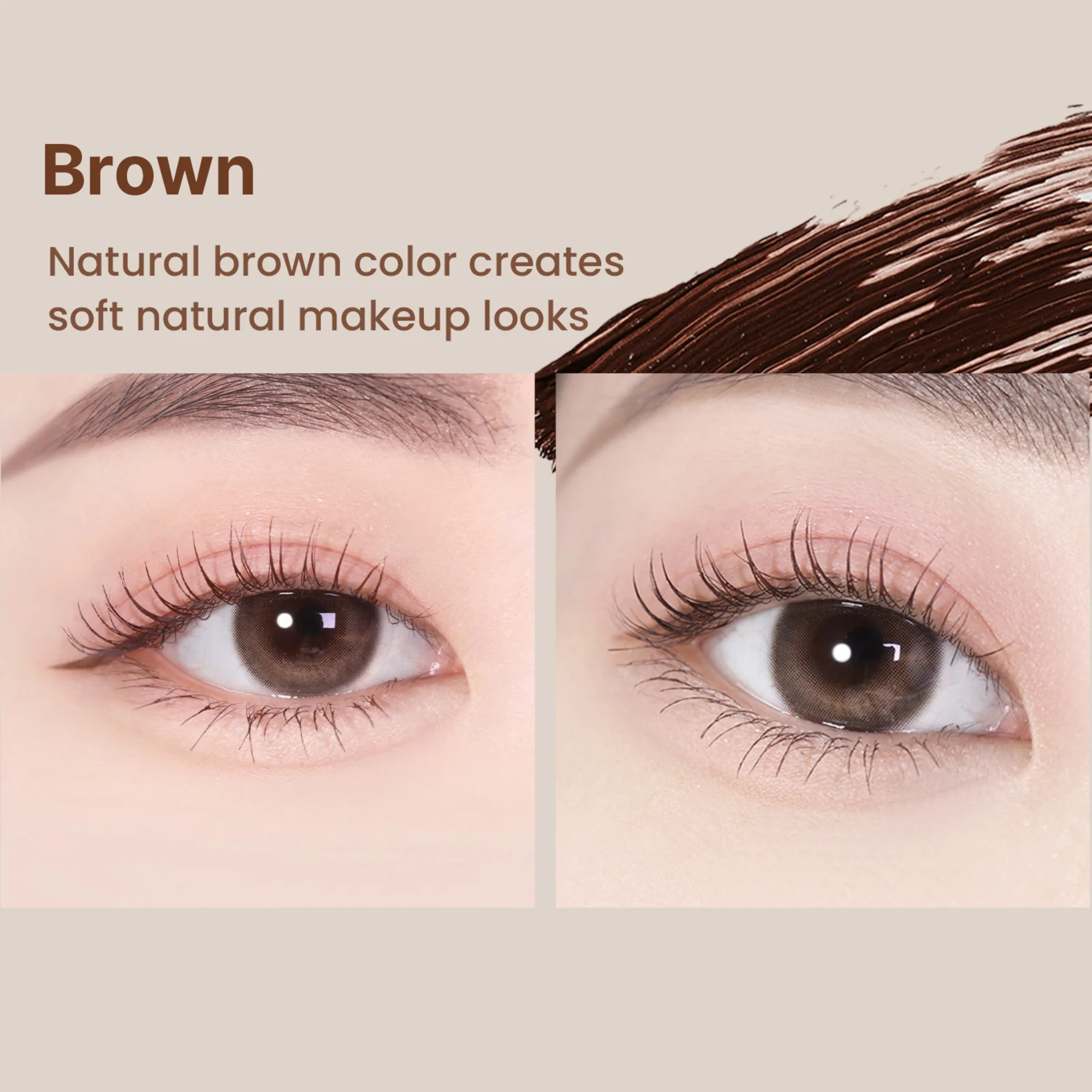 Close-up of eyes with brown coloration and text describing the color's effect on makeup.