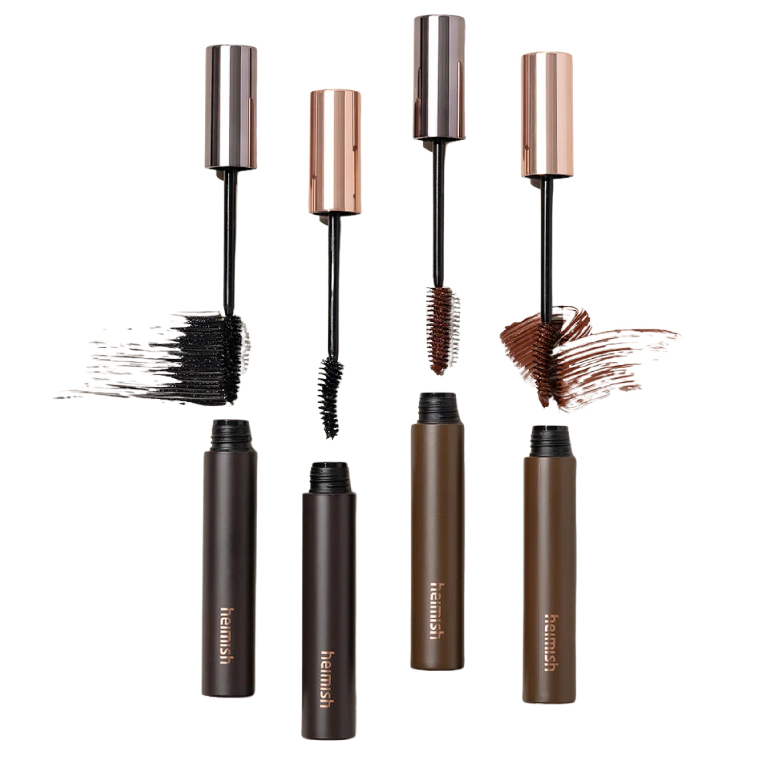 Set of Heimish mascara tubes with application examples on a white background