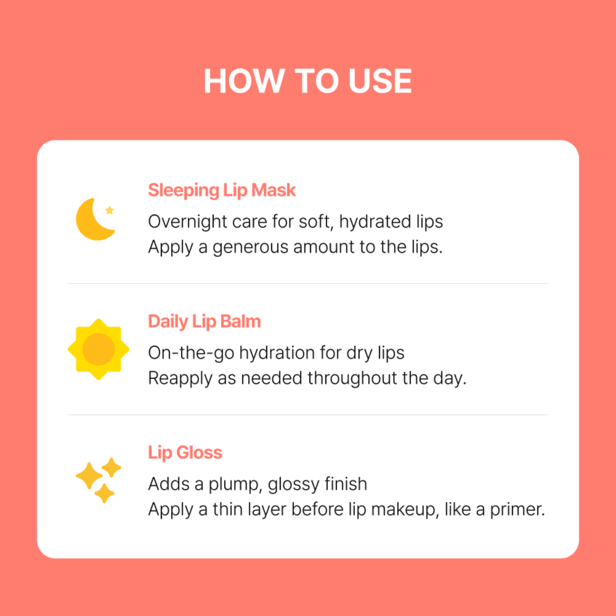 An instructional graphic titled 'HOW TO USE' with three product application sections: Sleeping Lip Mask, Daily Lip Balm, and Lip Gloss, shown on a coral background with a white rounded panel and yellow icons.