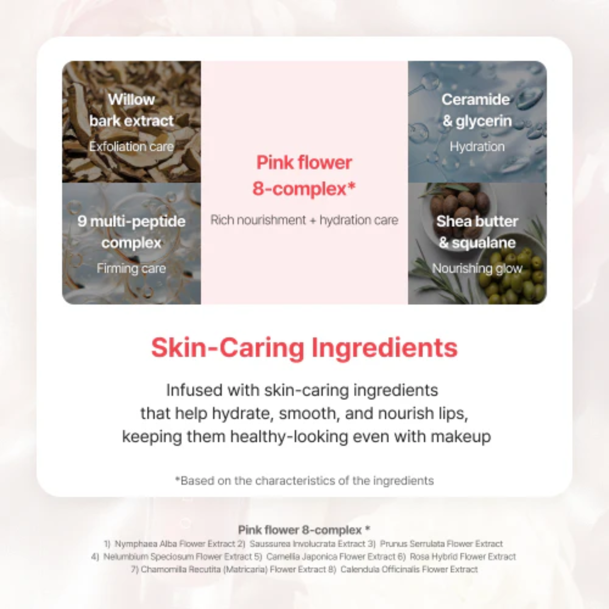 A product information graphic for Pink Flower 8-complex skin care. The design features a white rounded card with text detailing the ingredients: Willow bark extract, Ceramide & Glycerin, 9 multi-peptide complex, Shea butter & squalane, and a central pink flower icon with 'Pink flower 8-complex' written in red.