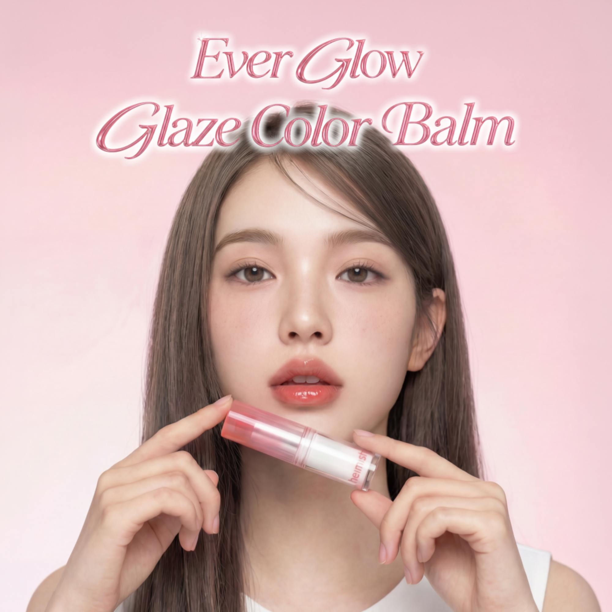 Woman holding a pink lip balm with 'Ever Glow Glaze Color Balm' text on a pink background