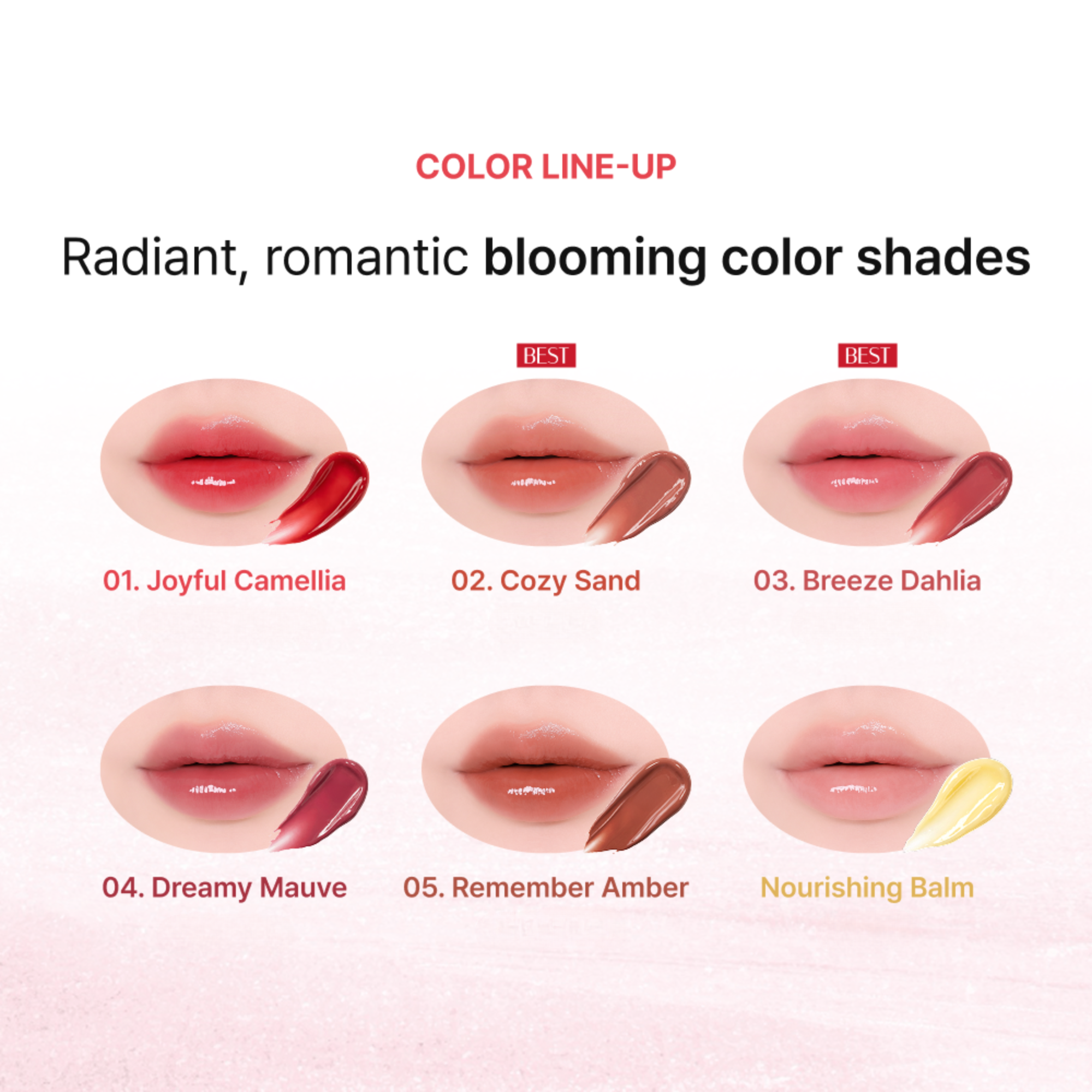 A color line-up for Heimish ever glow color balms showing six different colors from joyful camellia to nourishing balm.