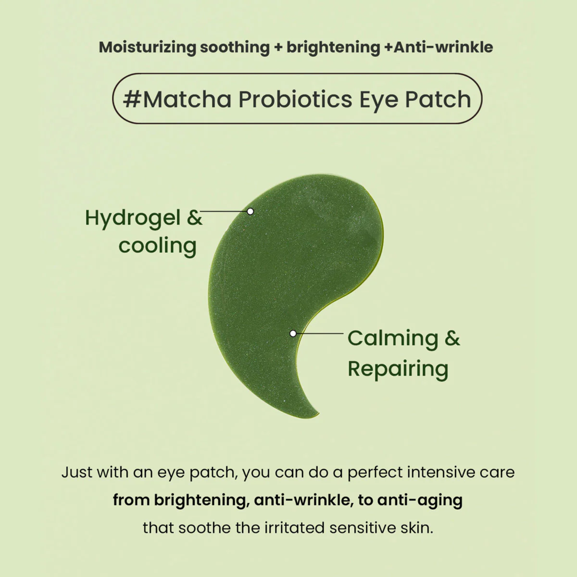Matcha Probiotics Eye Patch with text on a green background