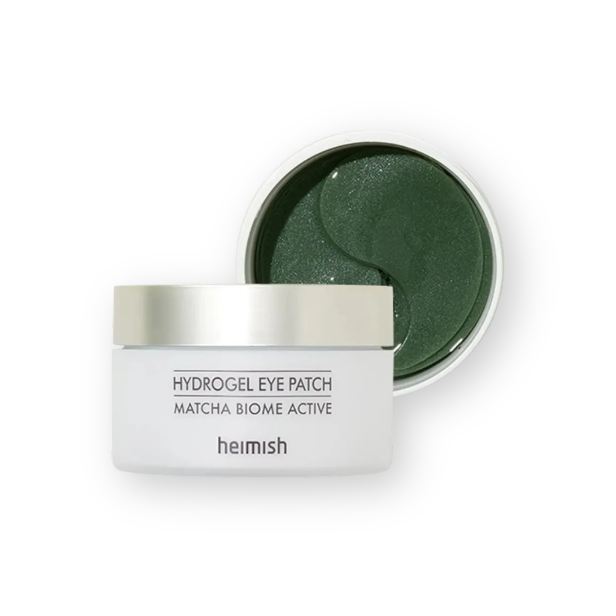A white cosmetic jar of heimish Hydrogel Eye Patch with a silver lid, shown next to its open circular lid revealing dark green hydrogel patches inside, on a white background.