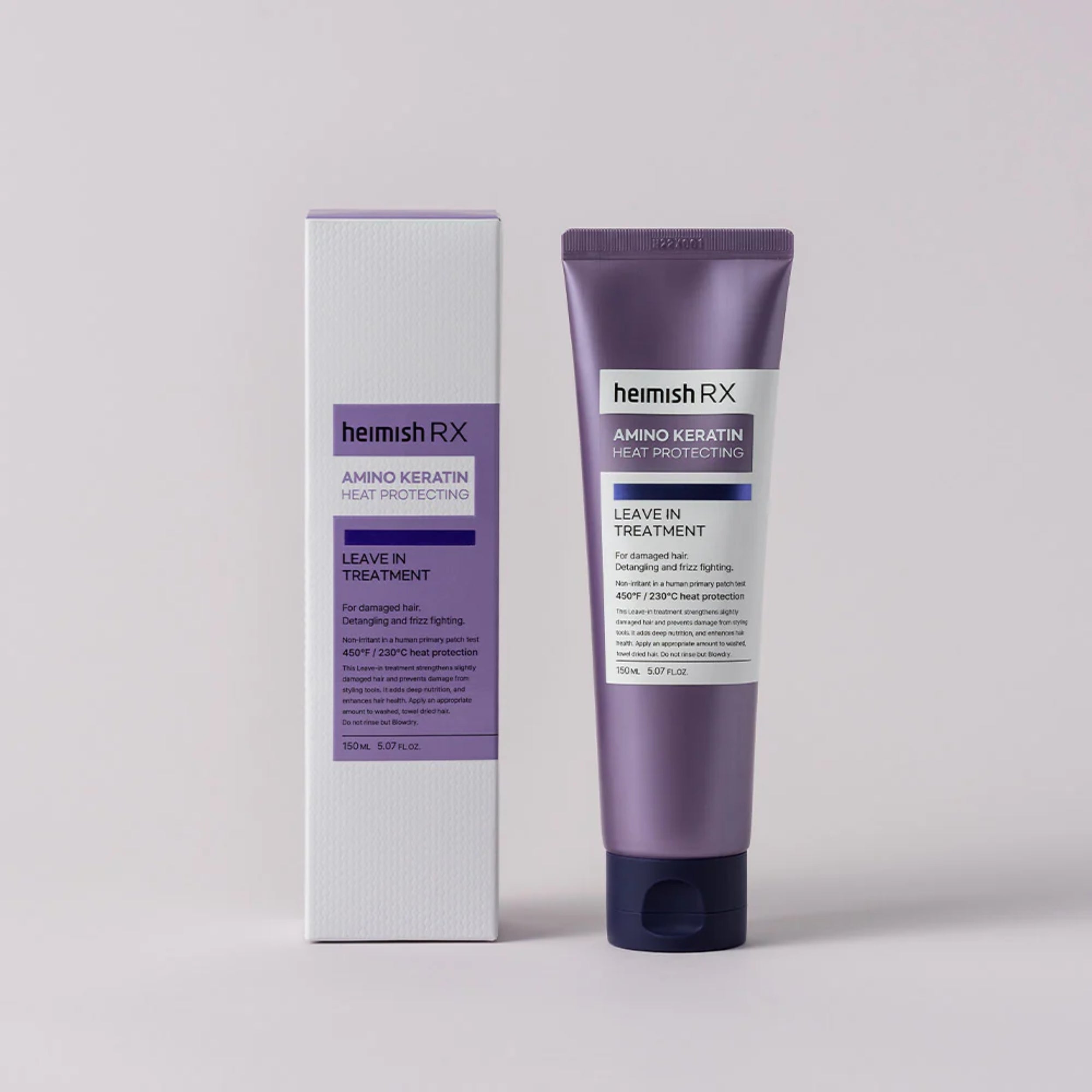 Heimish RX Amino Keratin Leave In Treatment tube and box on a light gray background