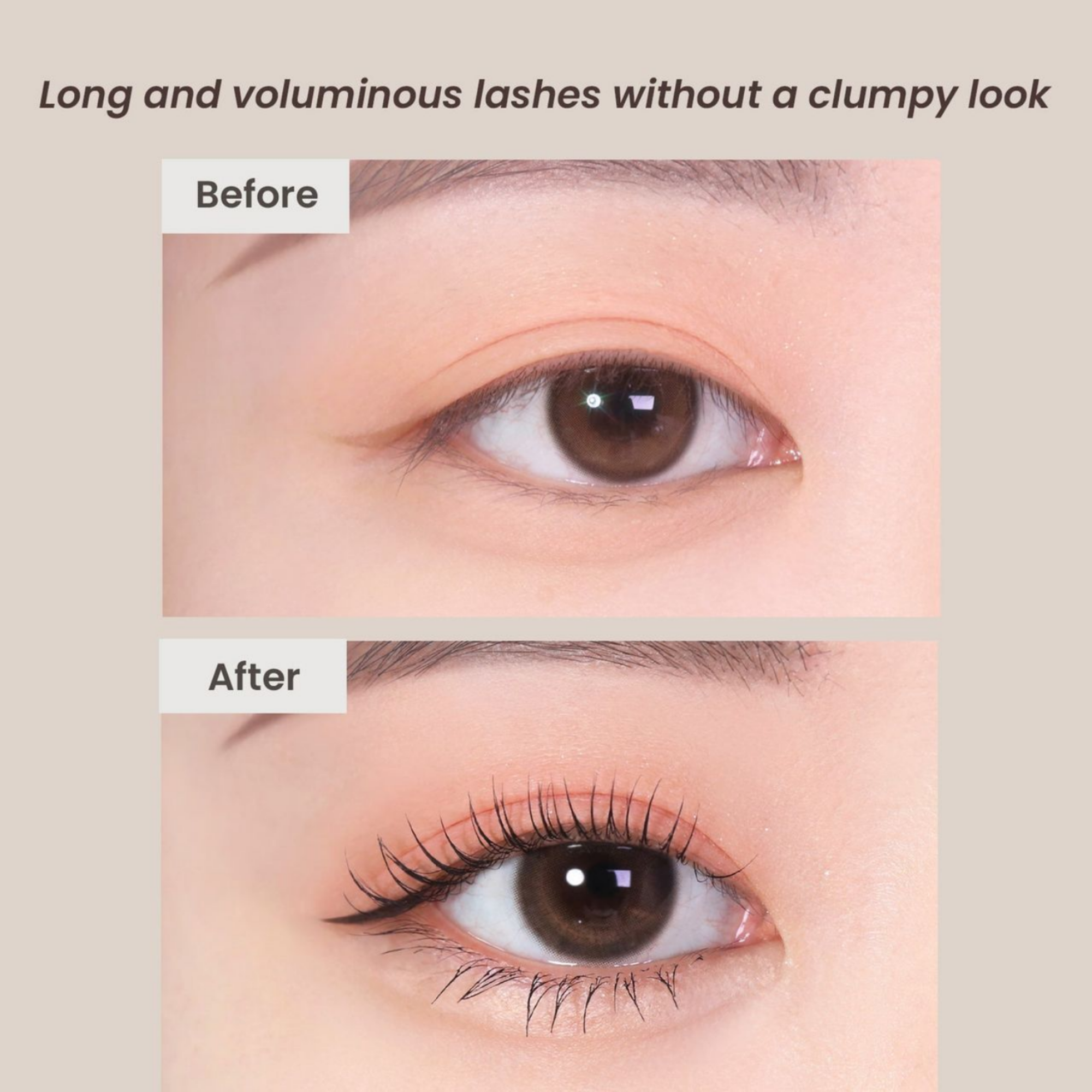 Before and after comparison of long and voluminous lashes on a beige background