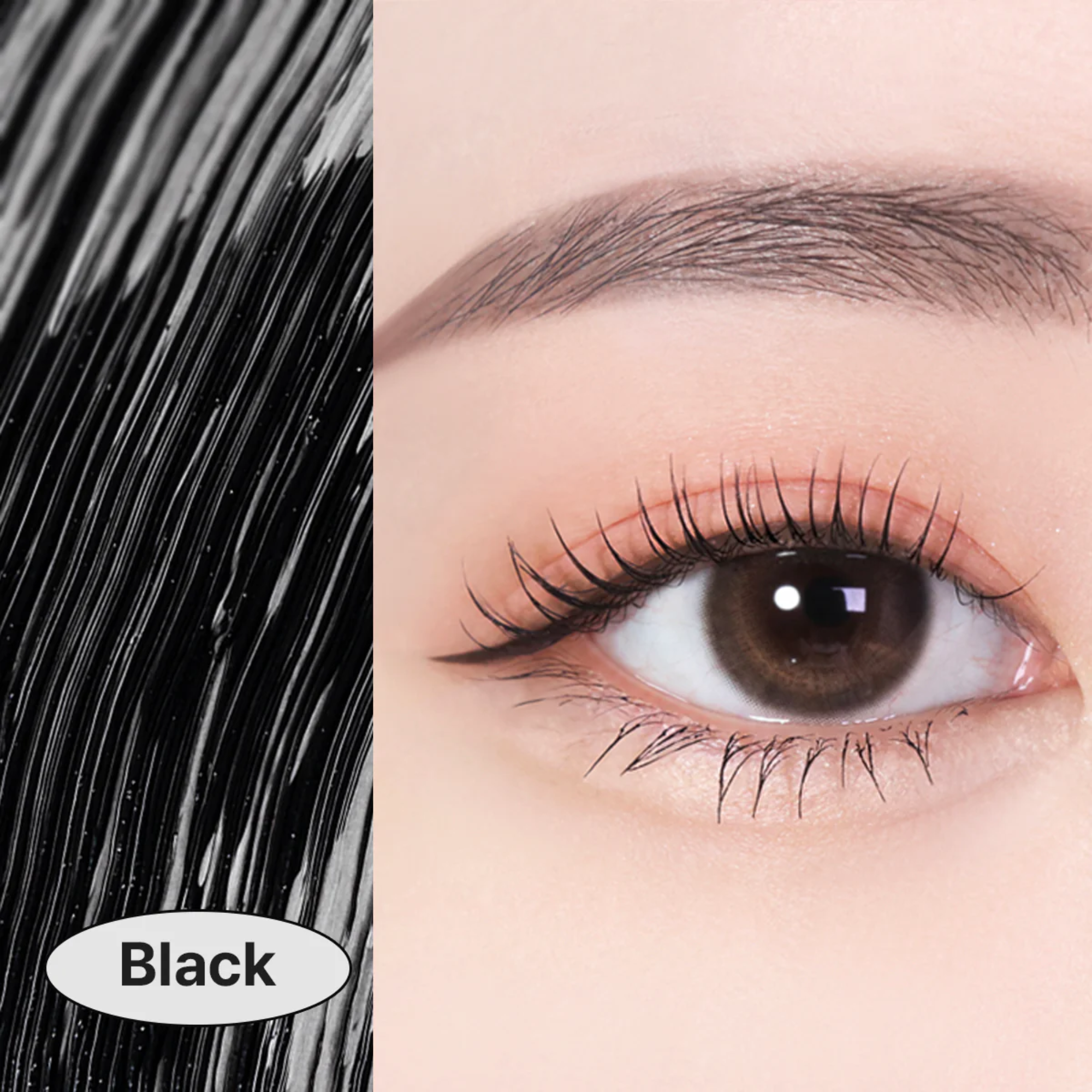 Close-up of a black eyelash extension applied to an eye, with 'Black' label.