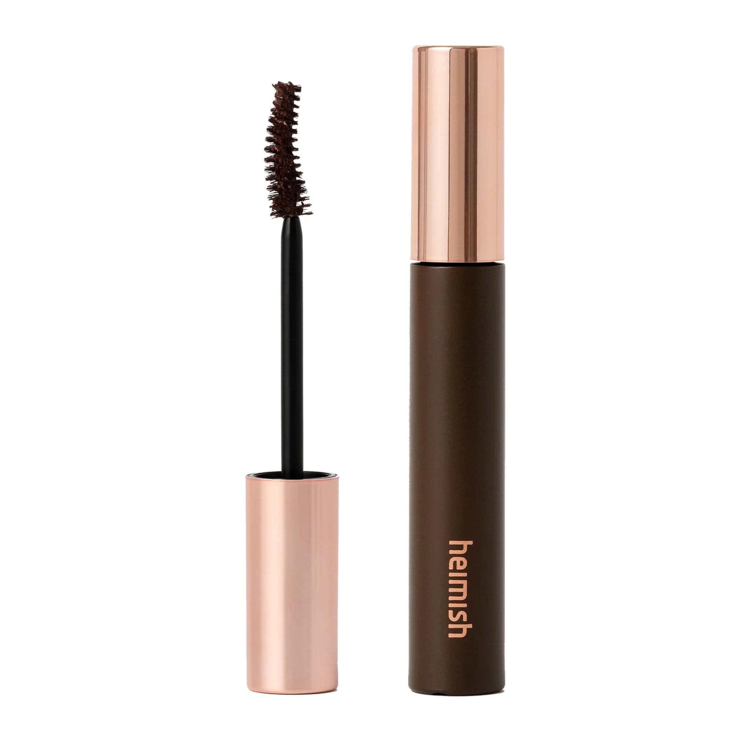 Mascara with rose gold and brown packaging on a white background