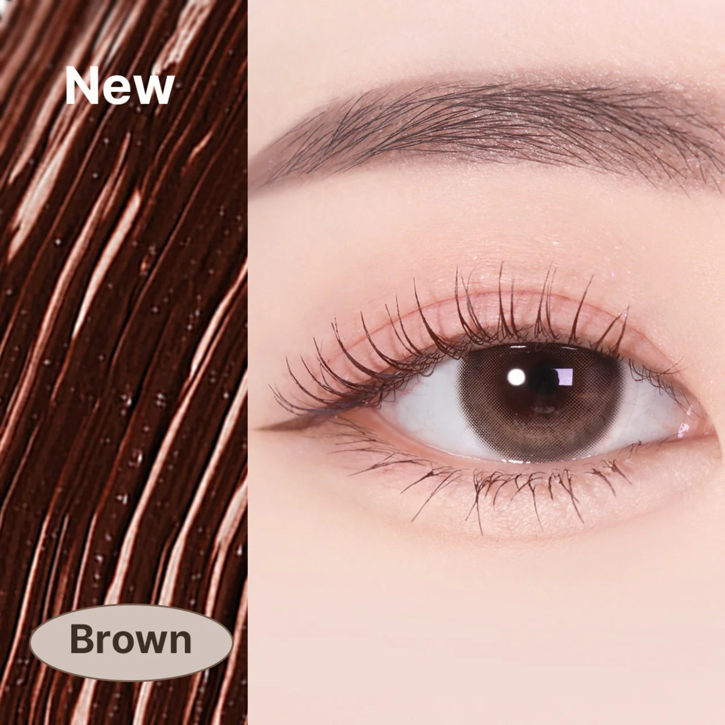 Close-up of brown hair and eye with 'New' and 'Brown' text