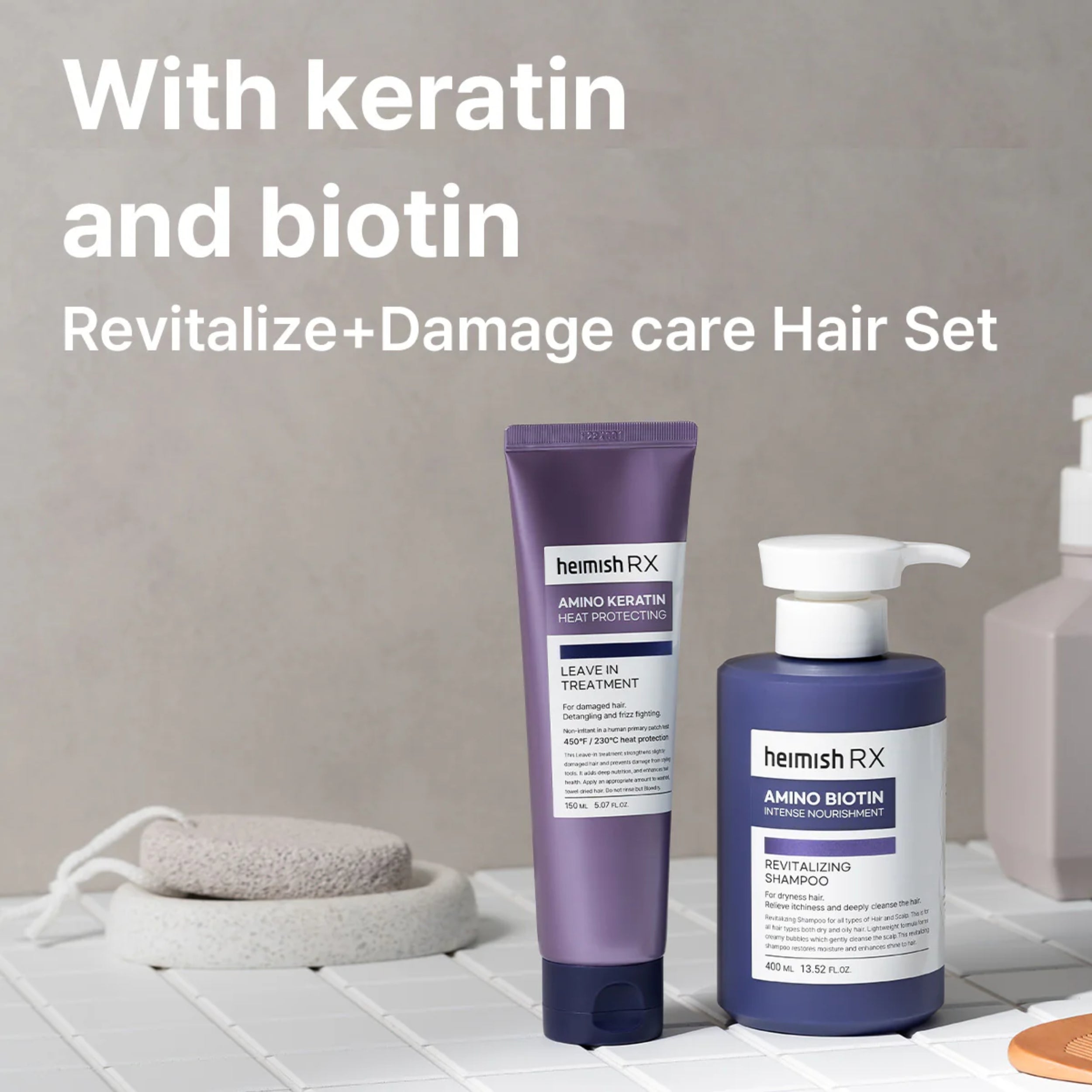 Heimish RX hair care products with text highlighting keratin and biotin on a neutral background