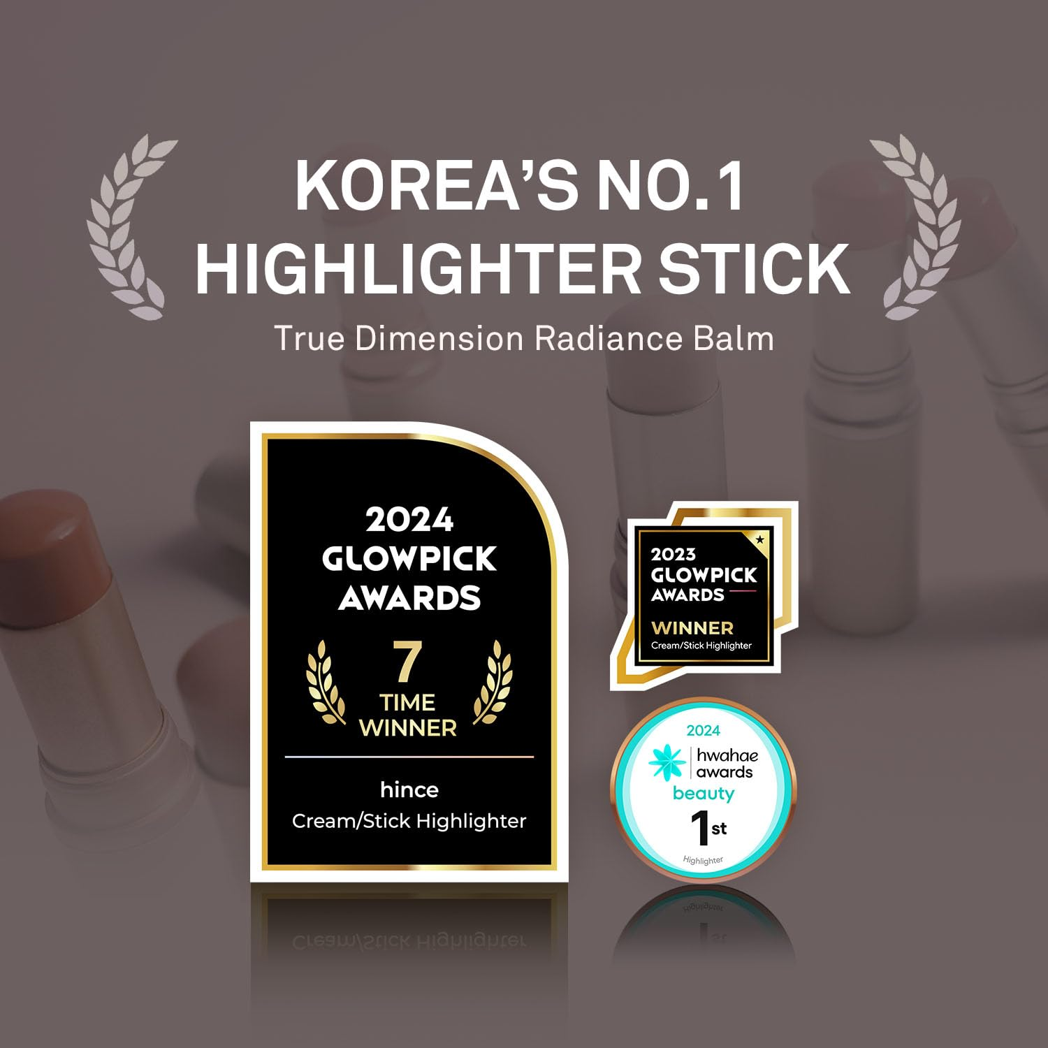 Korea's No.1 highlighter stick with awards on a dark background