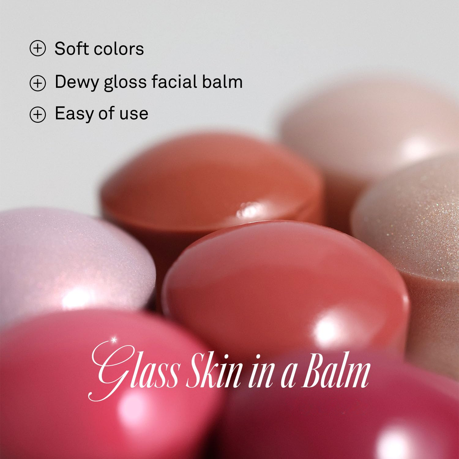 Close-up of various lip balm shades with text highlighting features.