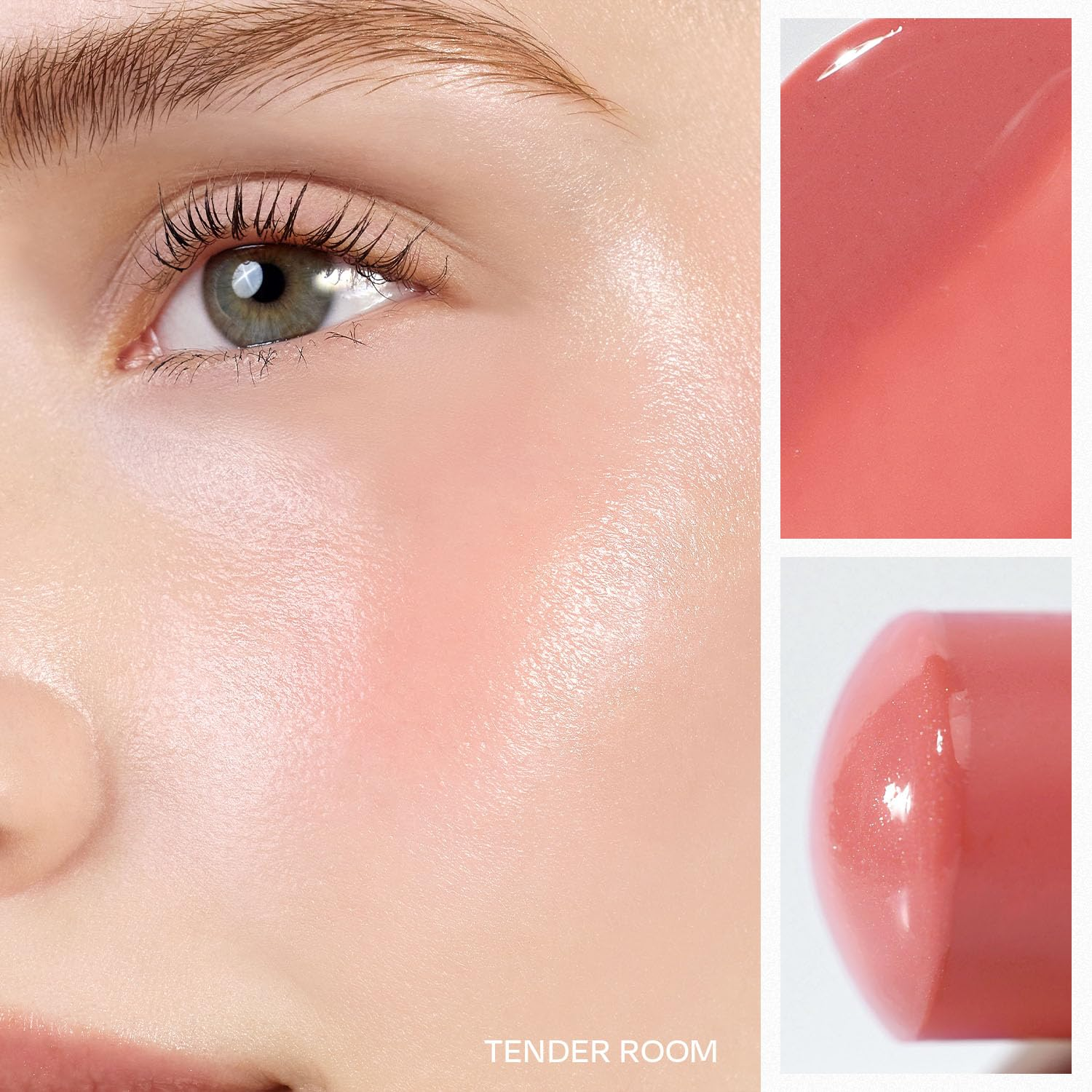 Close-up of a person's eye with a product application and a close-up of the product itself, labeled 'Tender Room'.