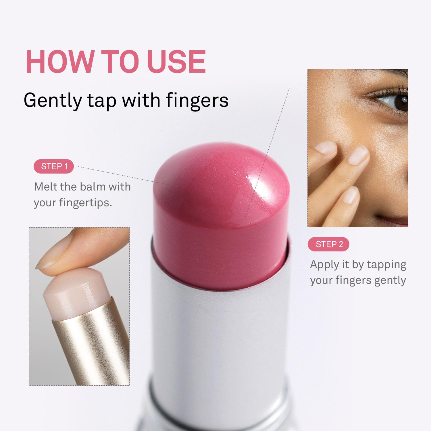 Lip balm with instructions on how to use it, including melting with fingertips and applying by tapping.