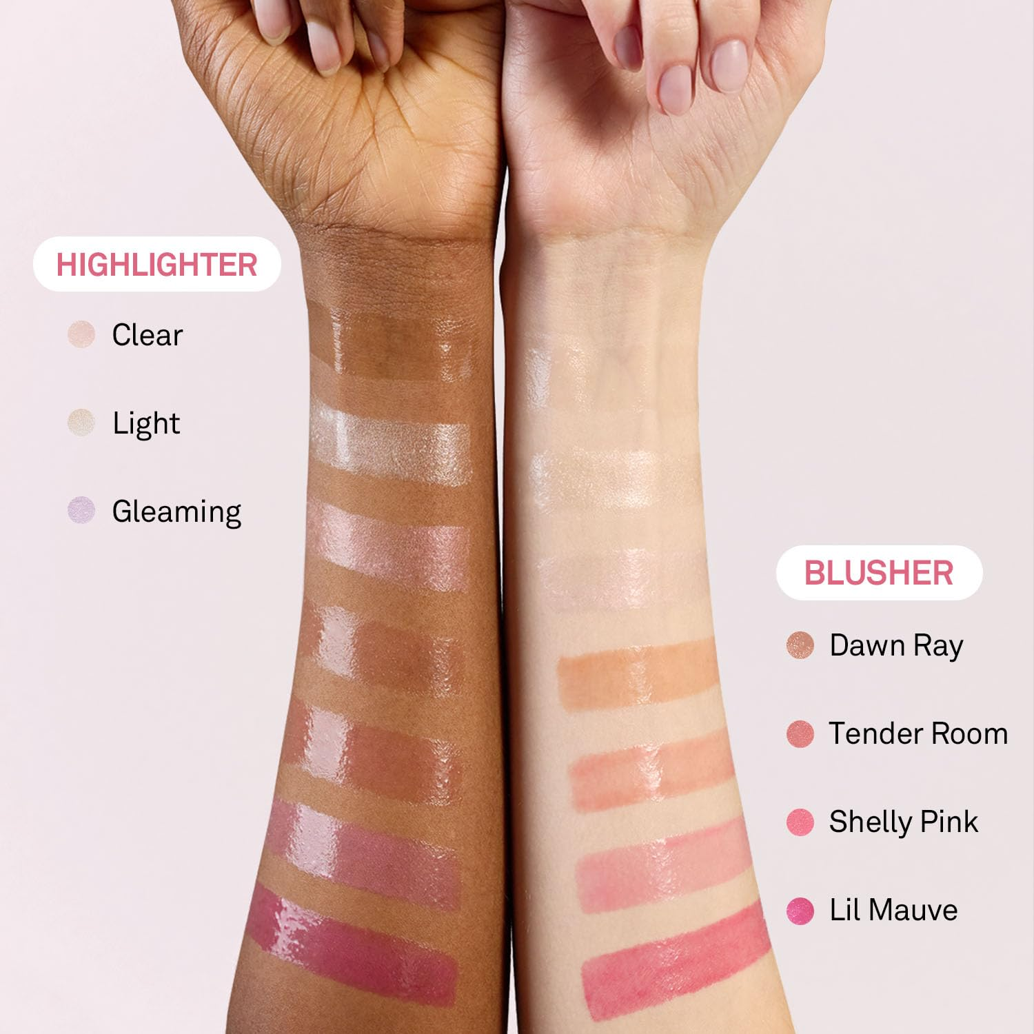 Swatches of highlighter and blusher on two different skin tones with color names.