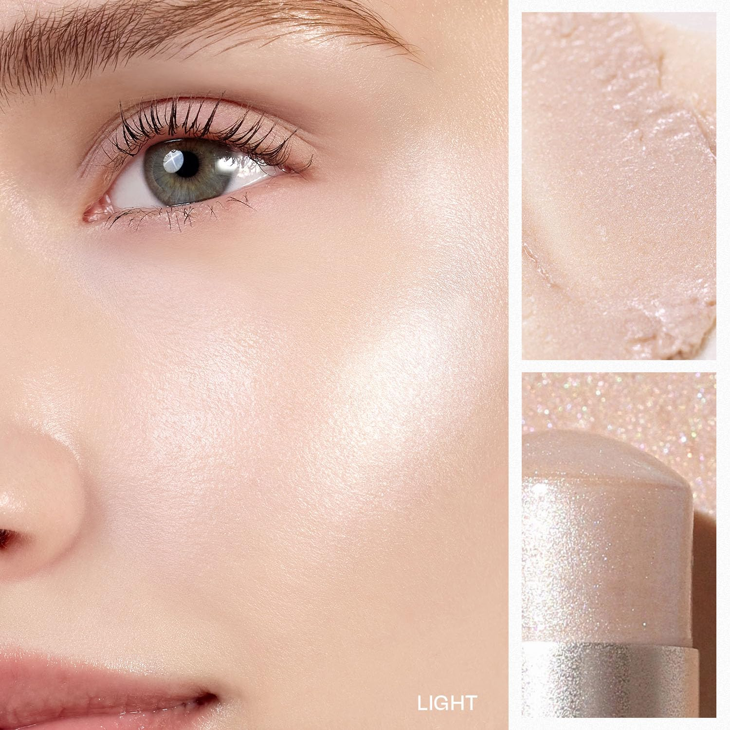 Close-up of a person's eye with a cosmetic product and its texture shown.