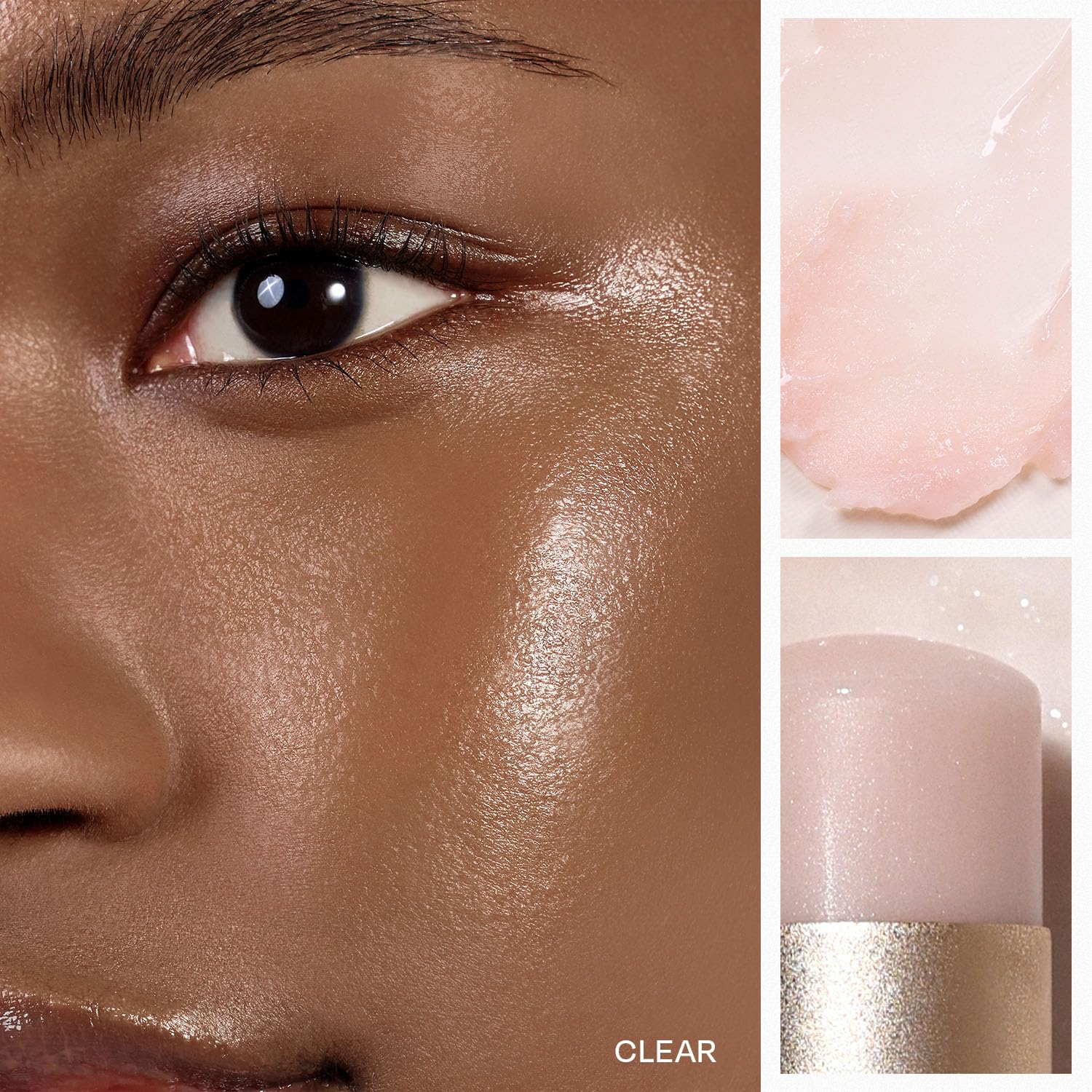 Close-up of a person's eye with makeup product and close-up of product on the right.